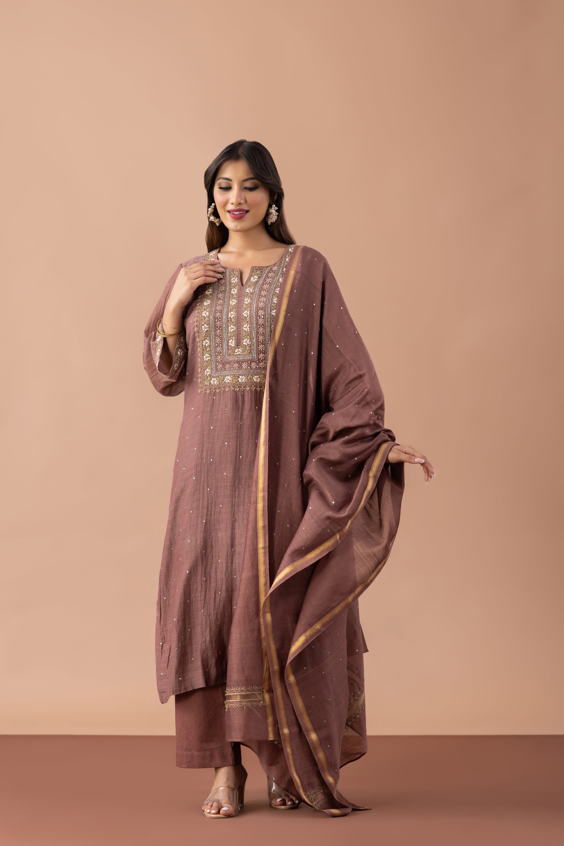 INAYAT MUL CHANDERI KURTA SET BROWN