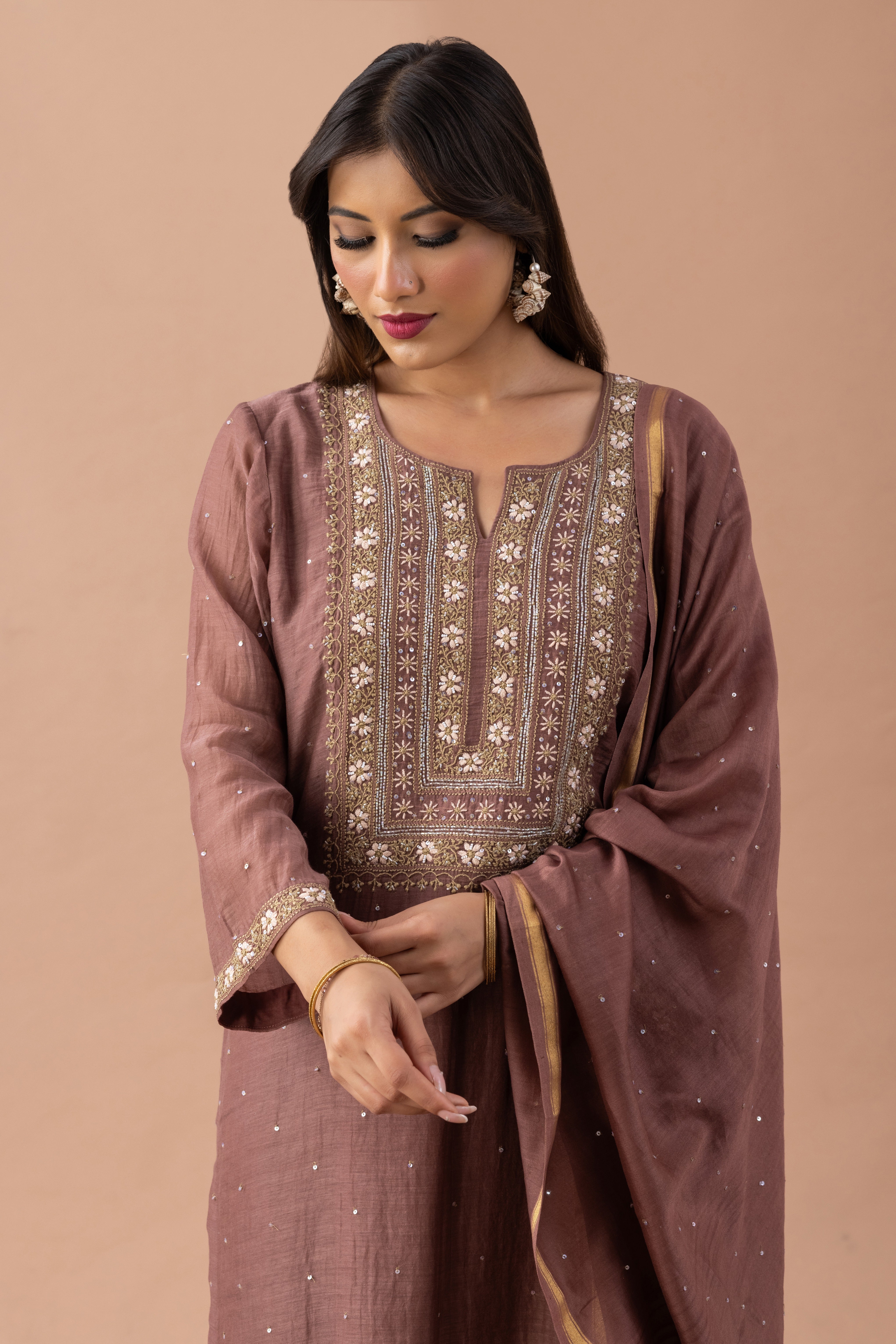 INAYAT MUL CHANDERI KURTA SET BROWN