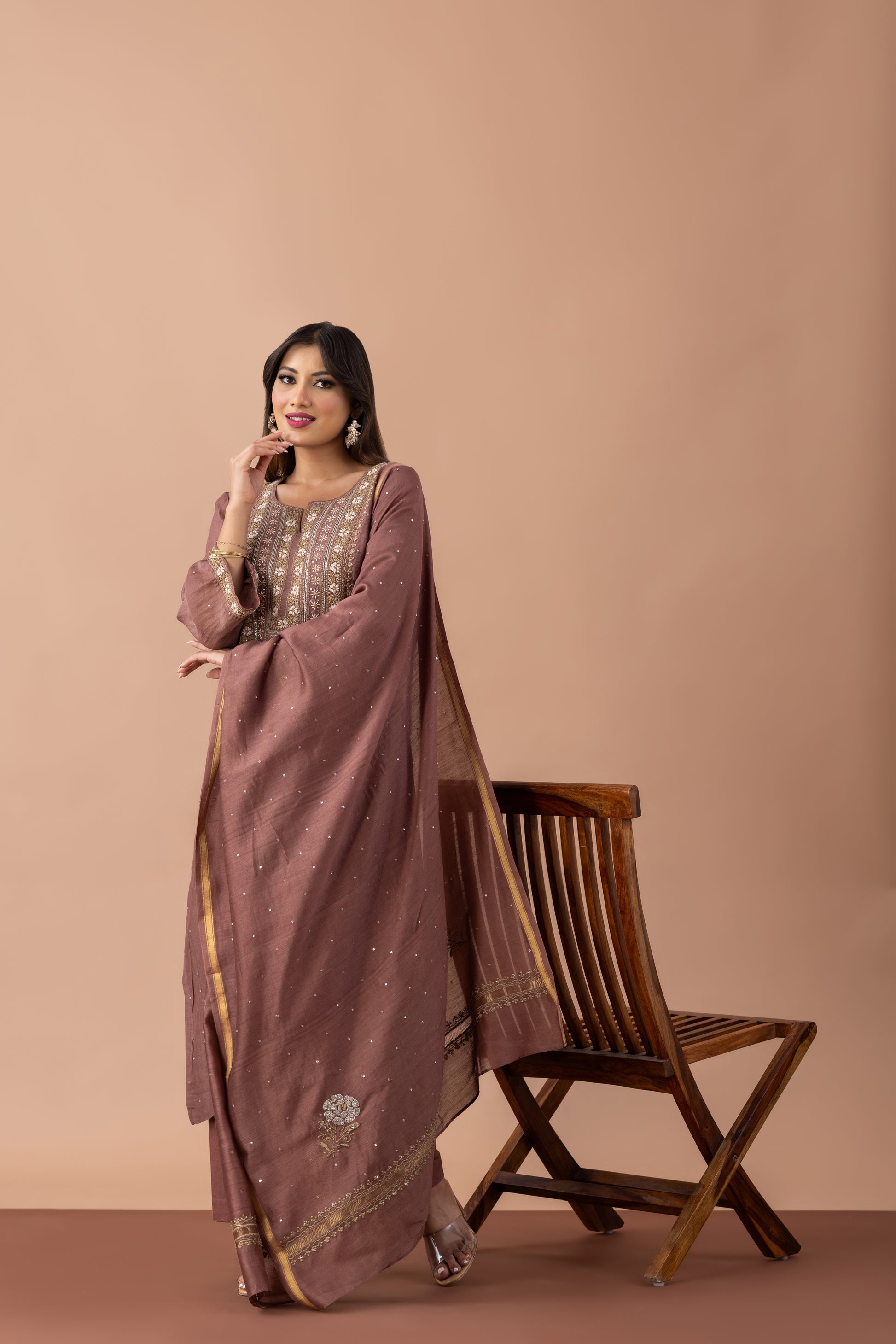 INAYAT MUL CHANDERI KURTA SET BROWN