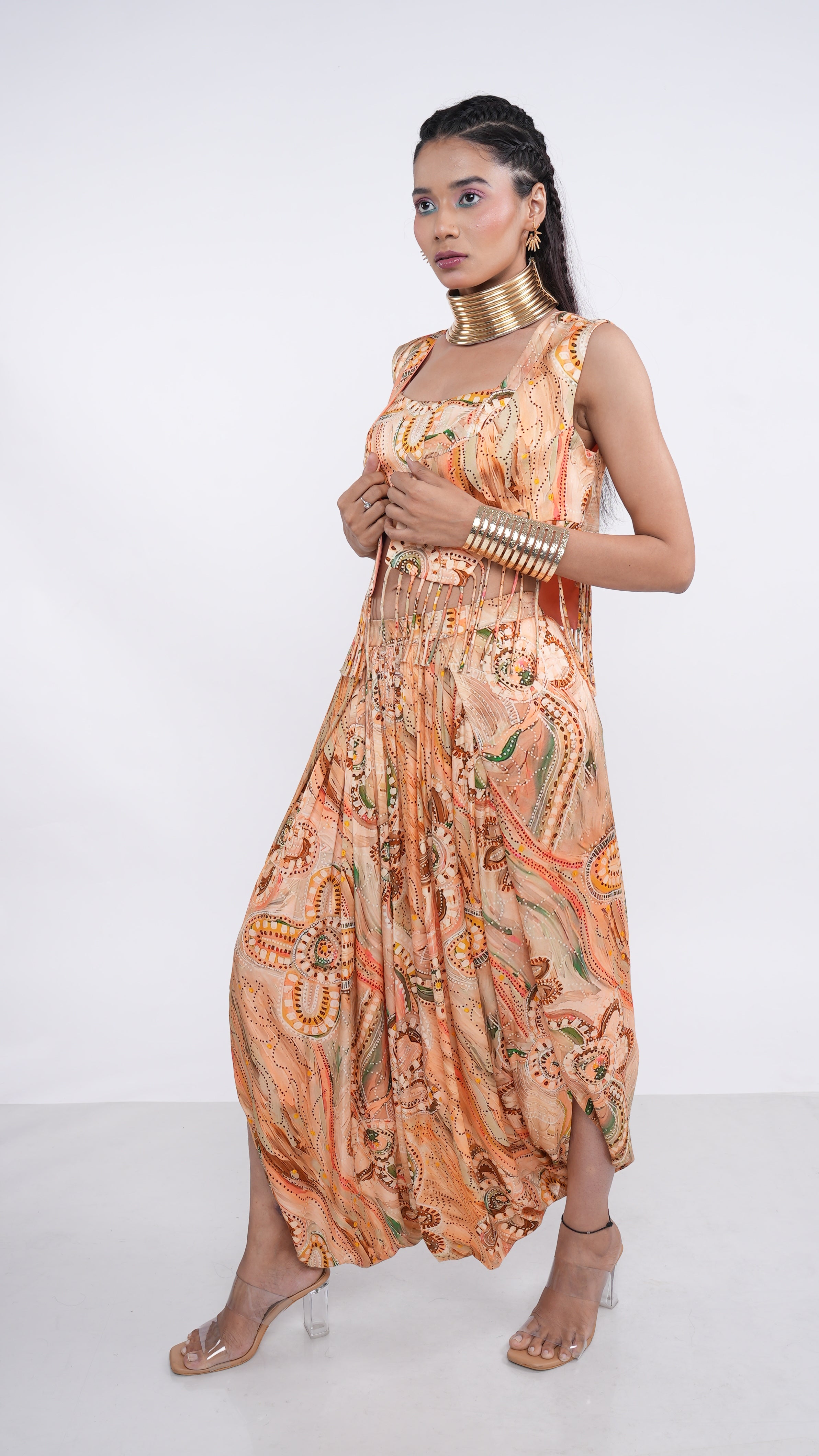 Ethereal Peach Satin Elyisia Cropped Jacket & Draped Pant Set