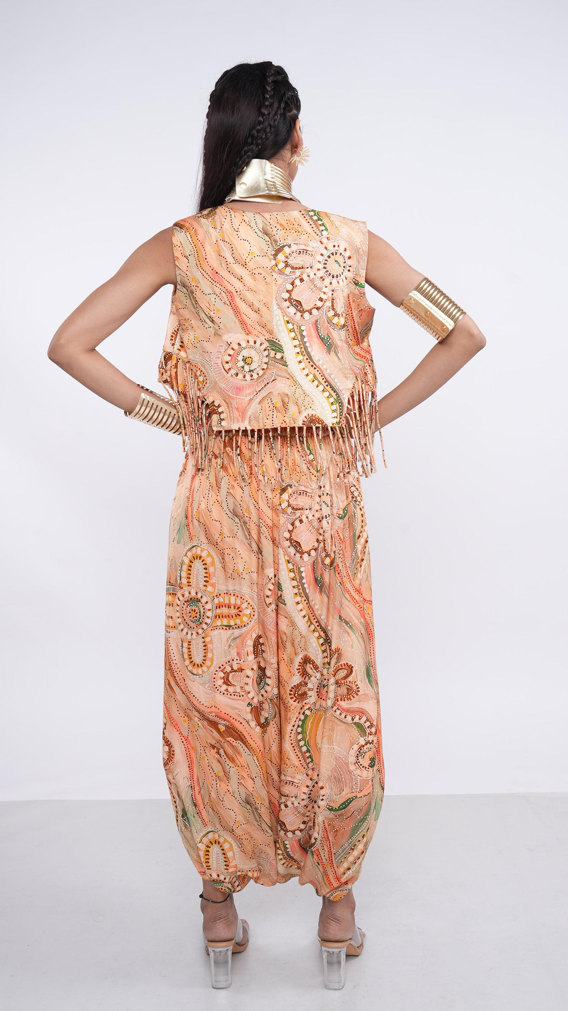 Ethereal Peach Satin Elyisia Cropped Jacket & Draped Pant Set