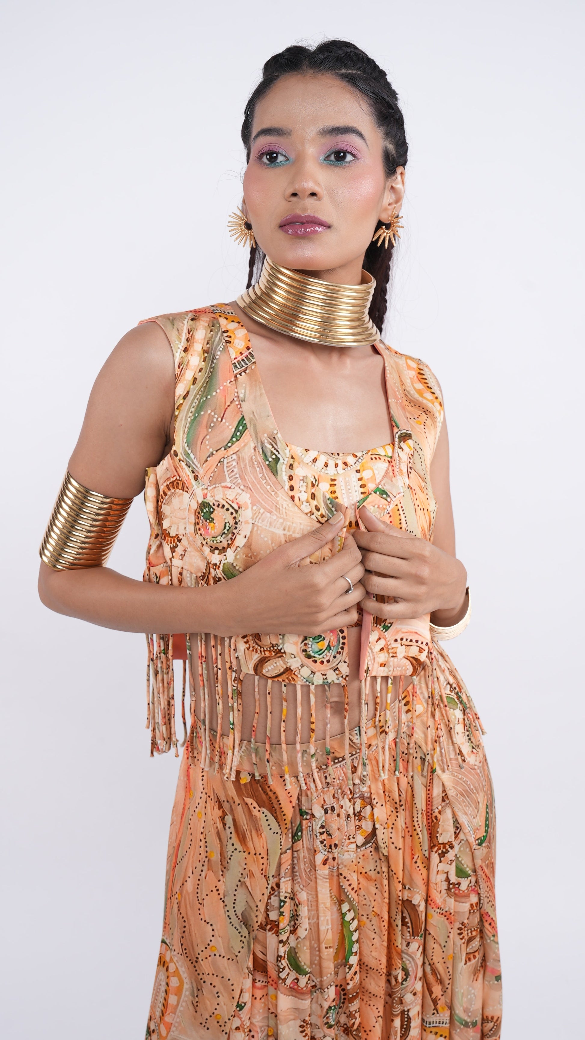 Ethereal Peach Satin Elyisia Cropped Jacket & Draped Pant Set