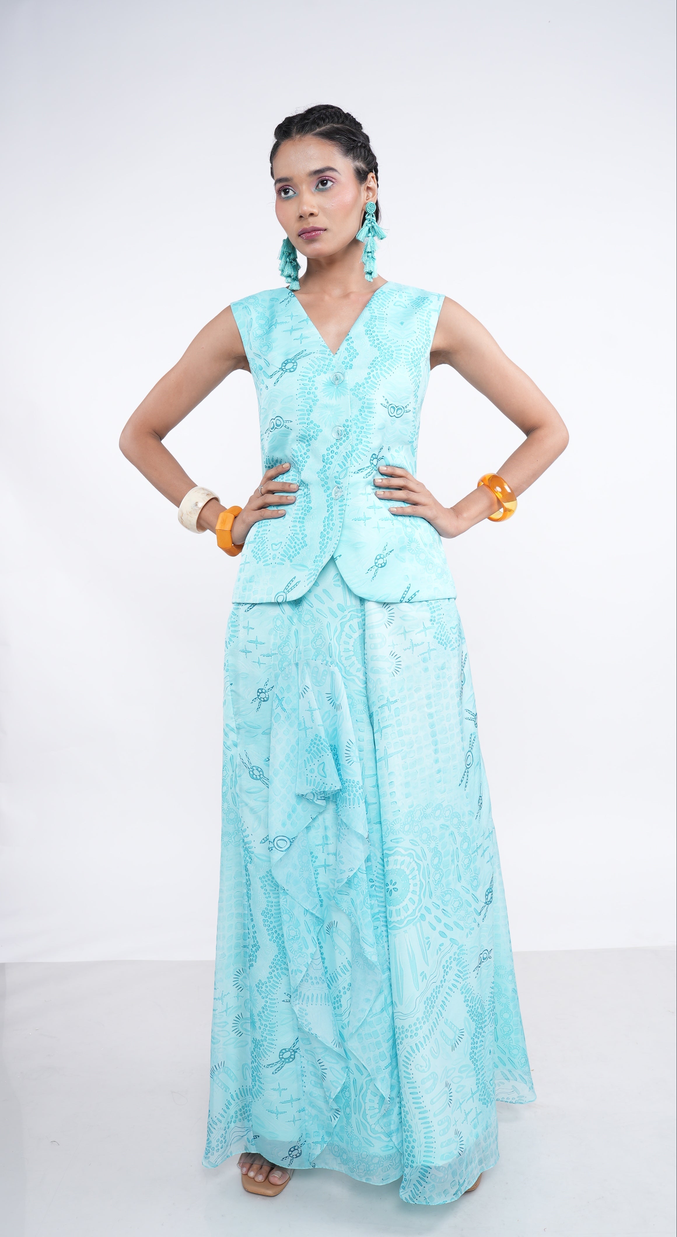 Poetic Blue Organza Zeren Waistcoat & Ruffle Palazzo Set
