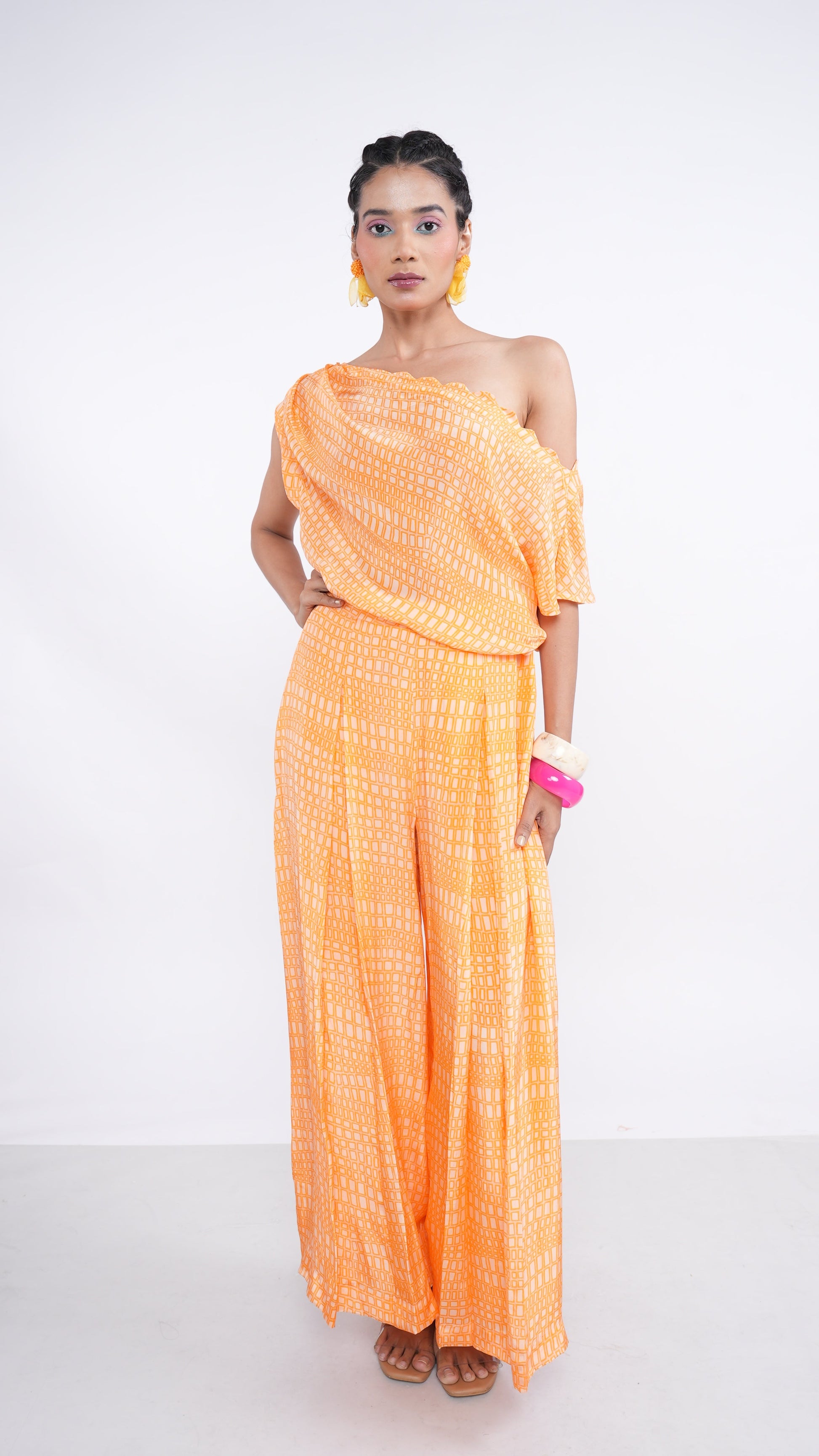 Radiant Orange Citrus Crepe Shia One Shoulder Pleated Top & Pants Set