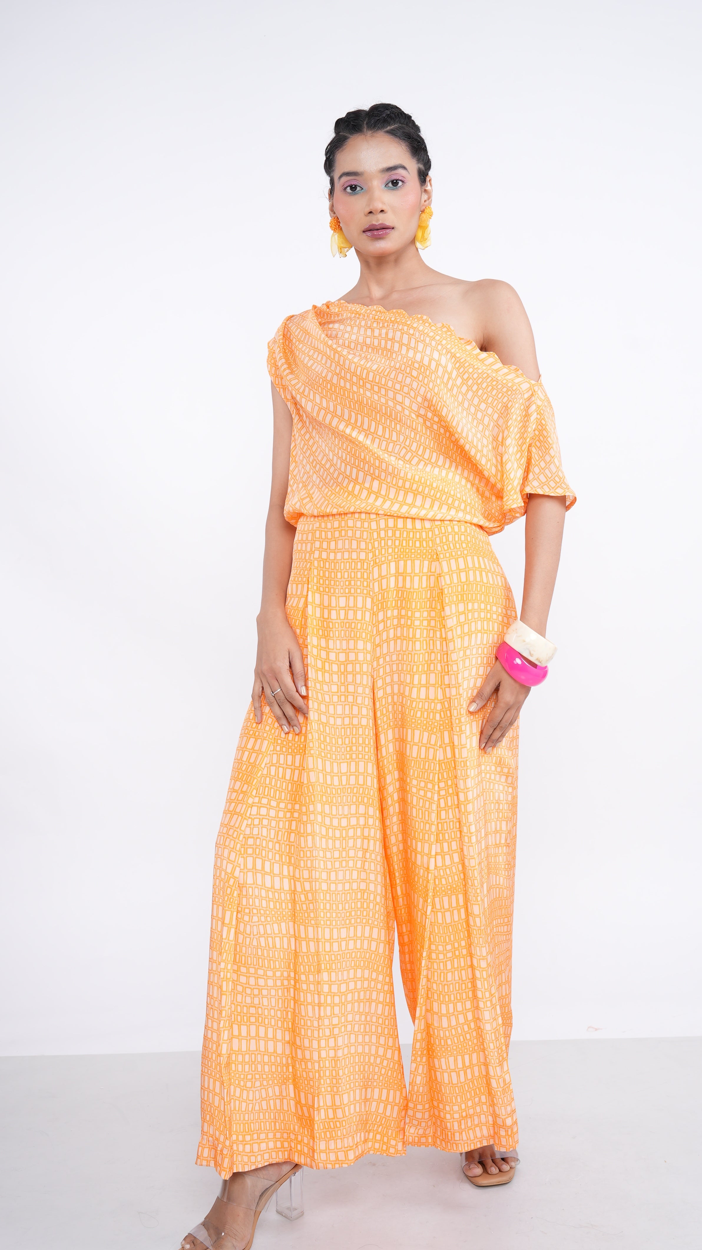 Radiant Orange Citrus Crepe Shia One Shoulder Pleated Top & Pants Set