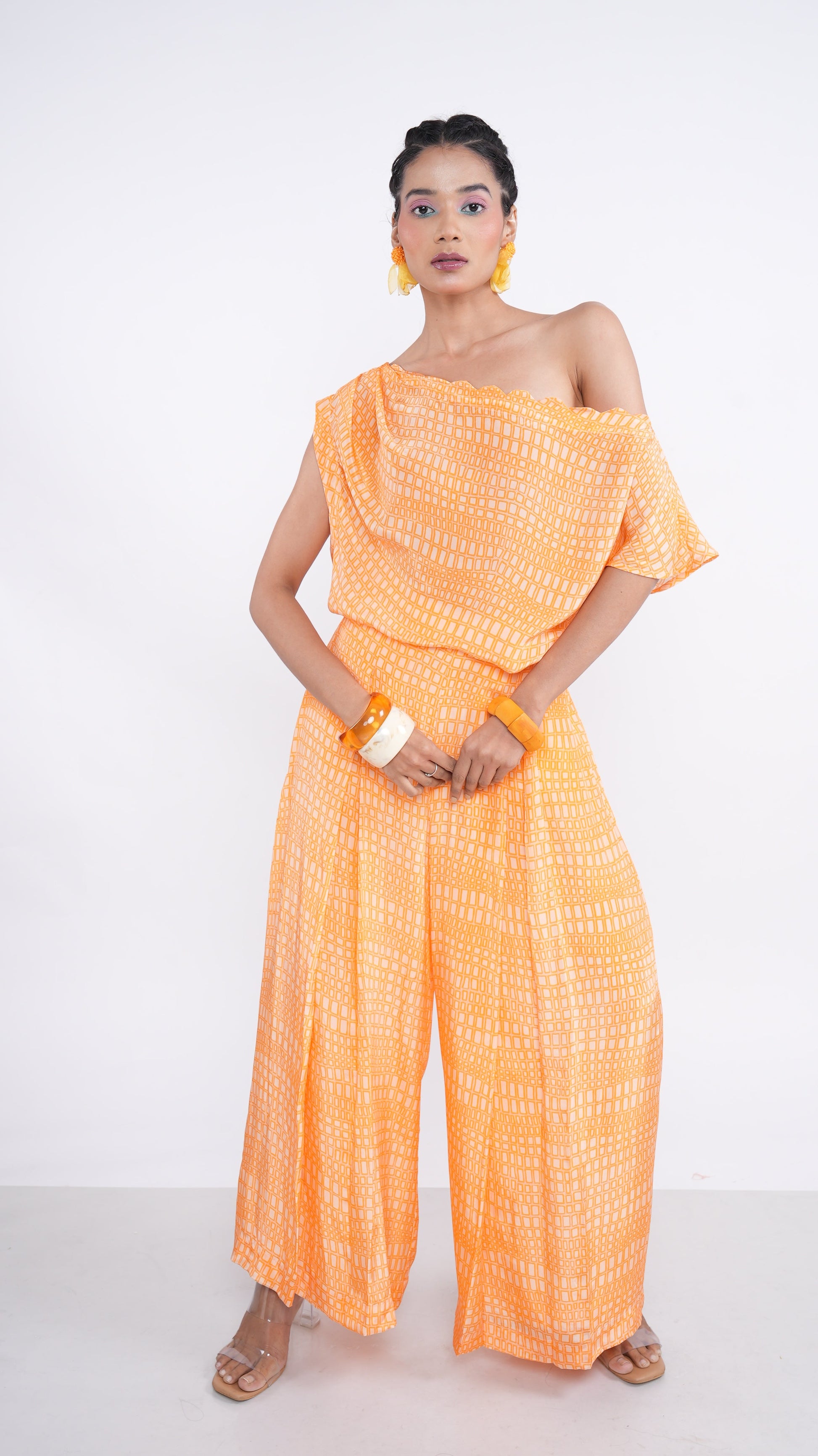 Radiant Orange Citrus Crepe Shia One Shoulder Pleated Top & Pants Set