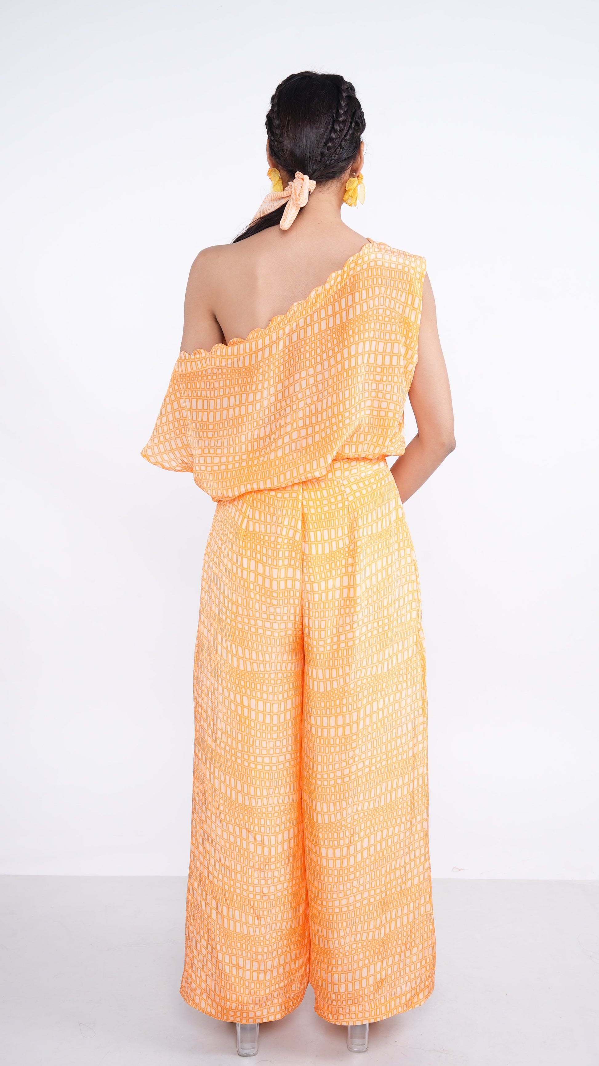 Radiant Orange Citrus Crepe Shia One Shoulder Pleated Top & Pants Set