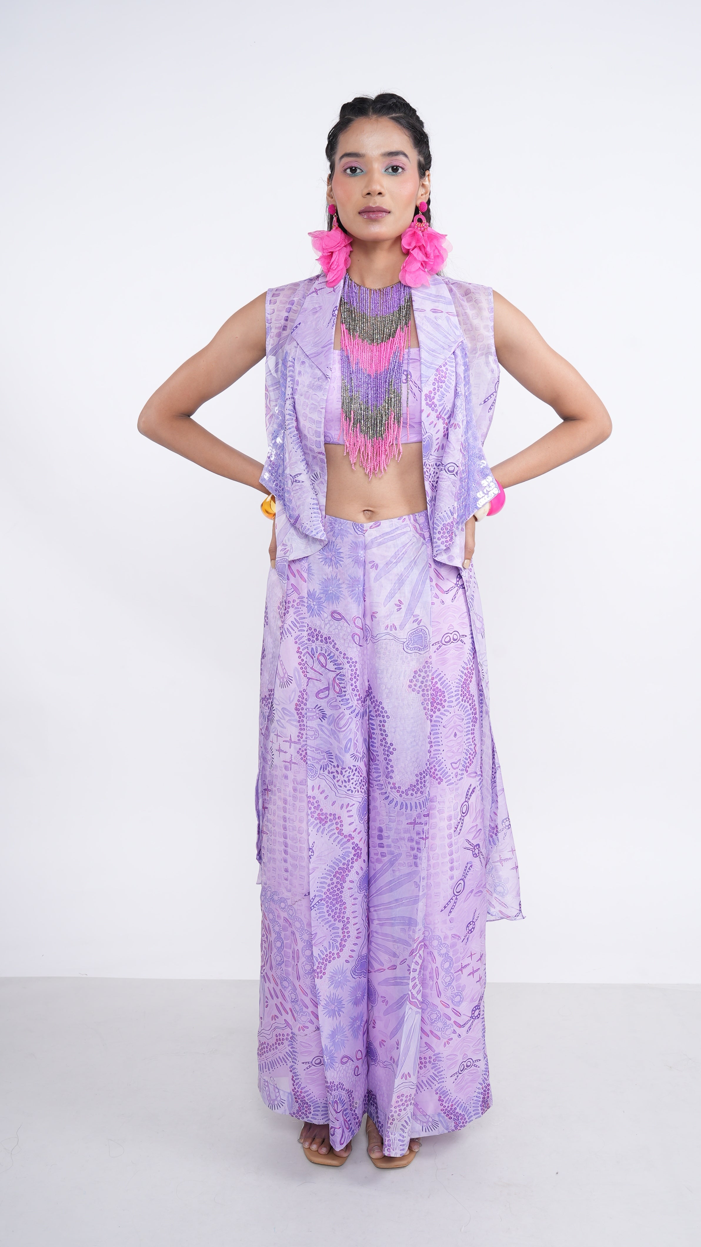 Breezy Purple Organza Thera Sequin Jacket Bustier & Pants Set