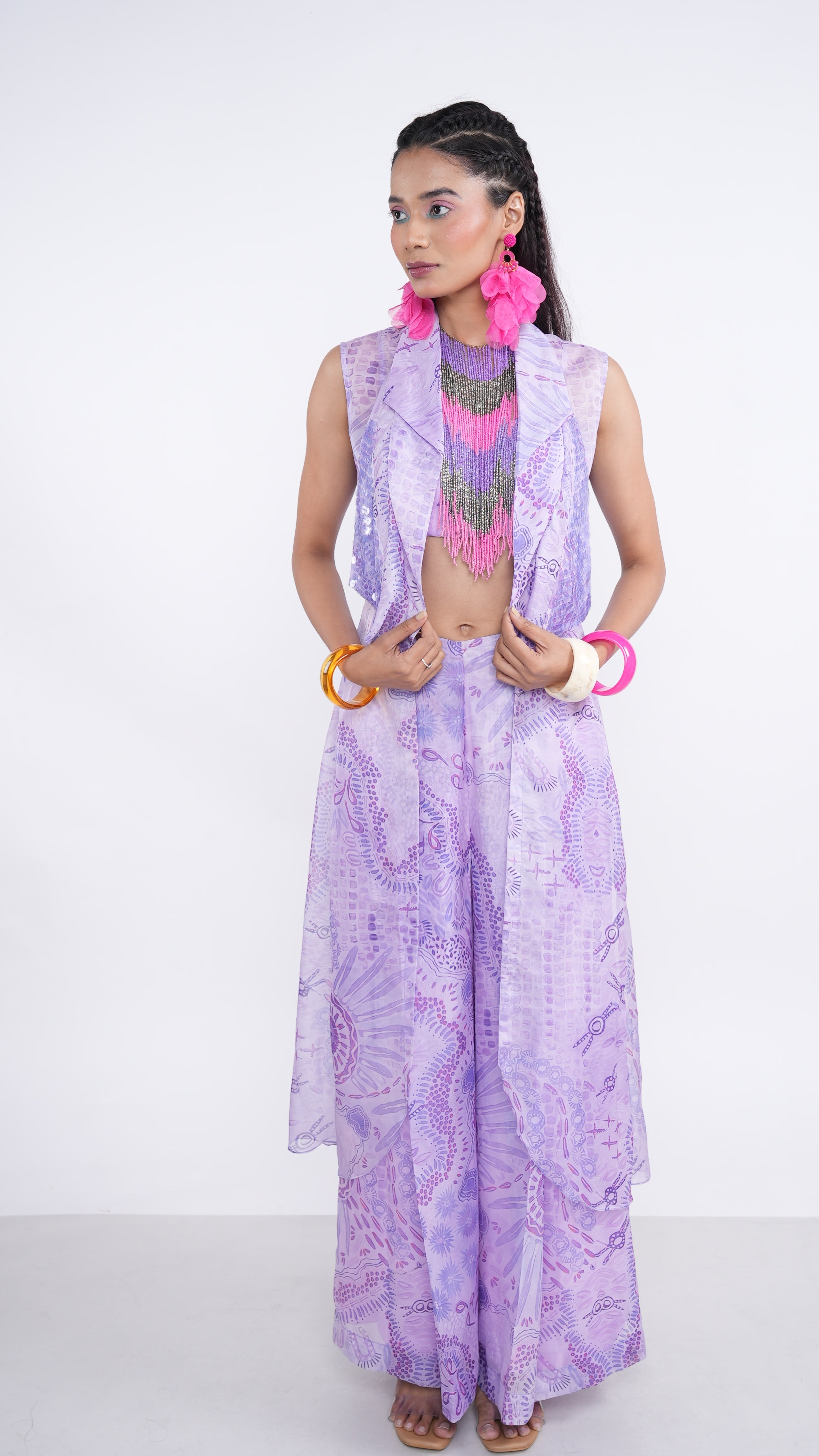 Breezy Purple Organza Thera Sequin Jacket Bustier & Pants Set