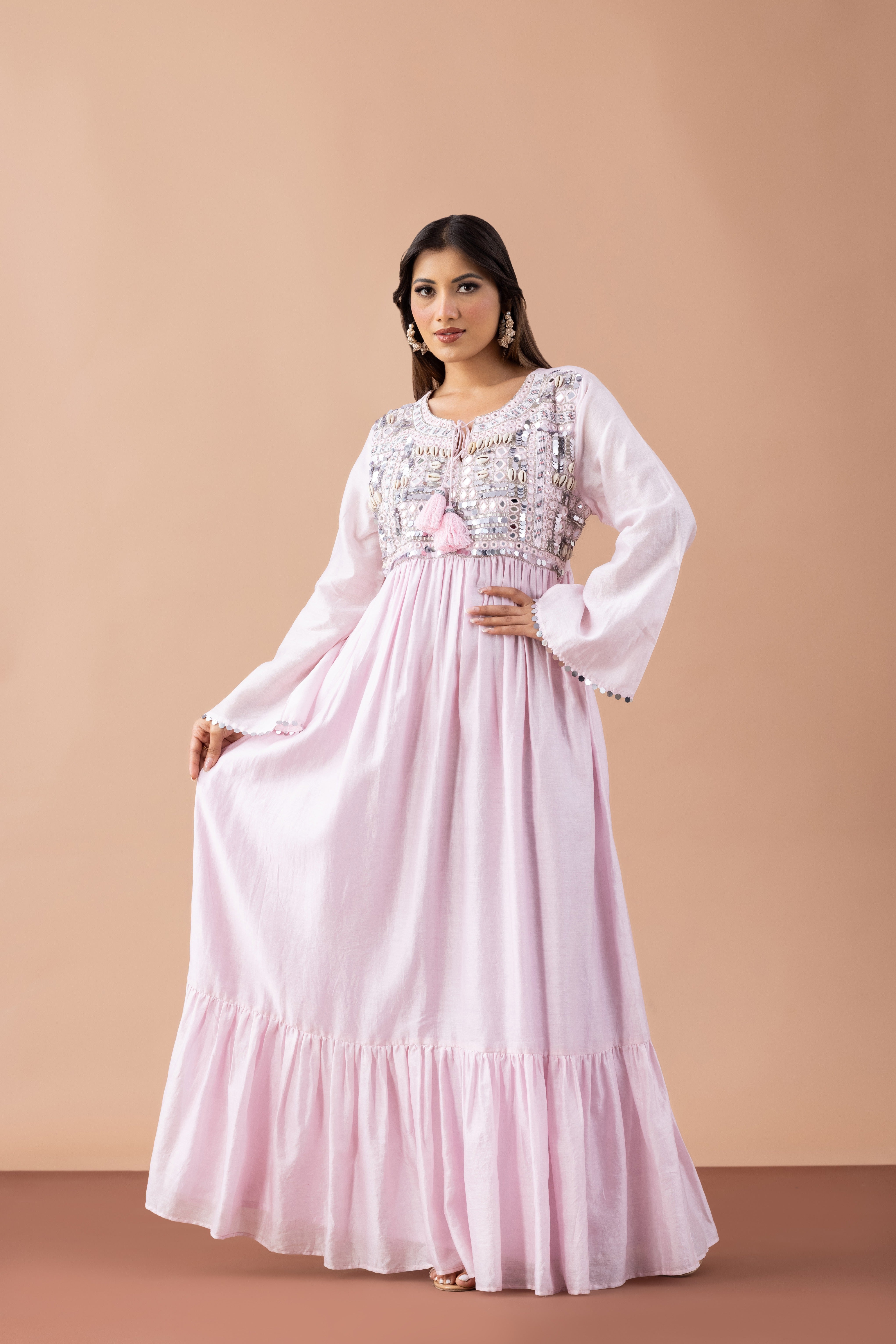 Banjara Mirror Work Tiered Maxi Dress in Cotton Silk