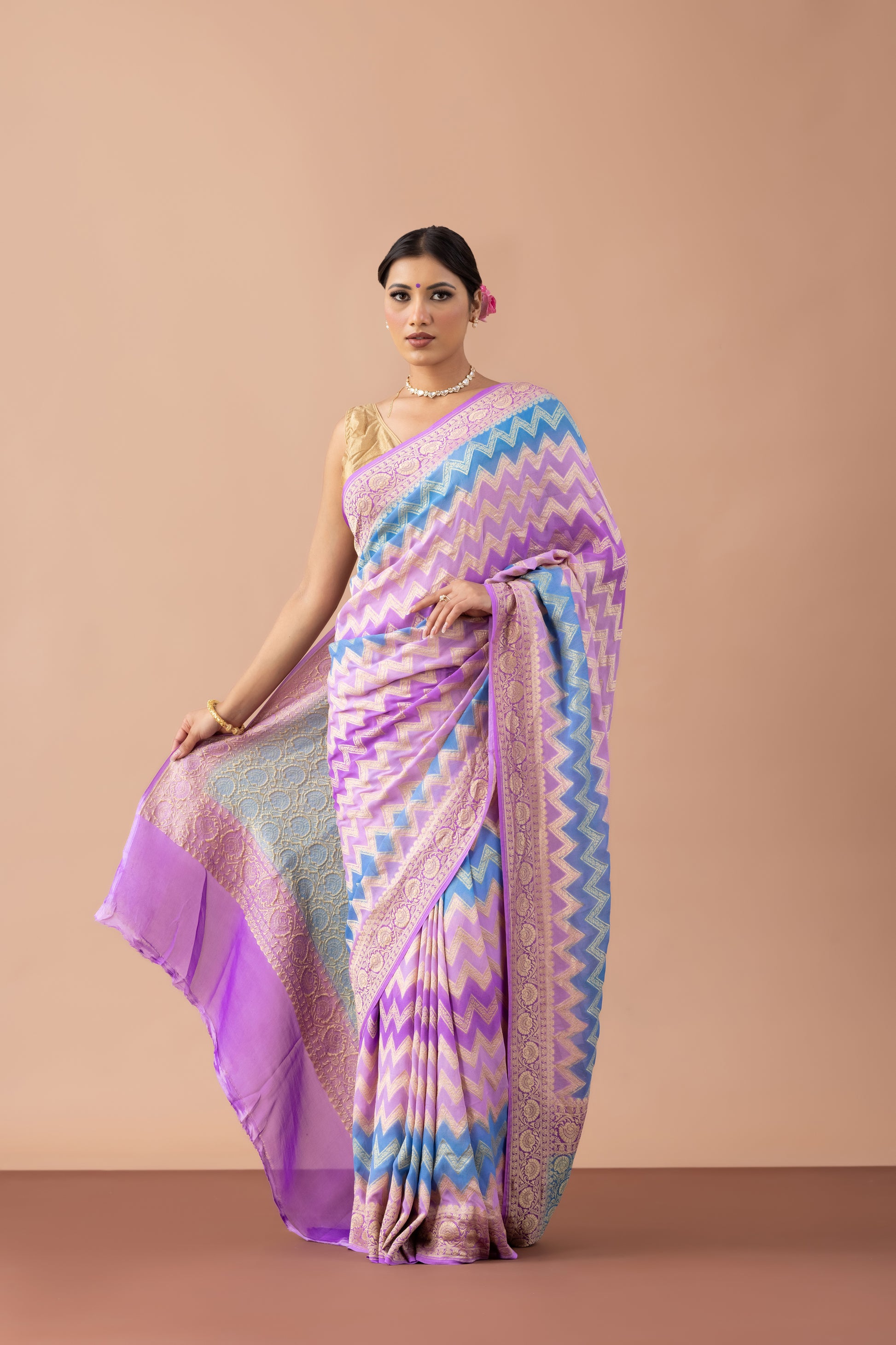 Lavender & Blue Chevron Georgette Banarasi Saree