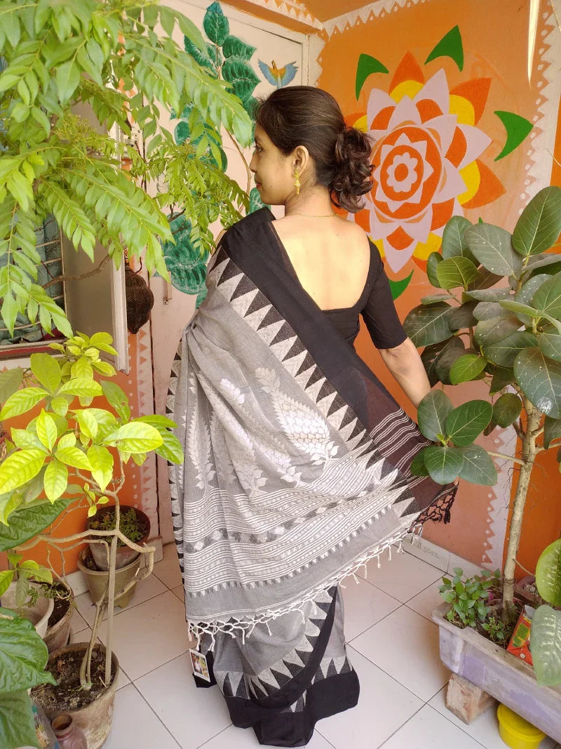 Black Mercerized Cotton Handwoven Saree Jamdani Kalka Temple