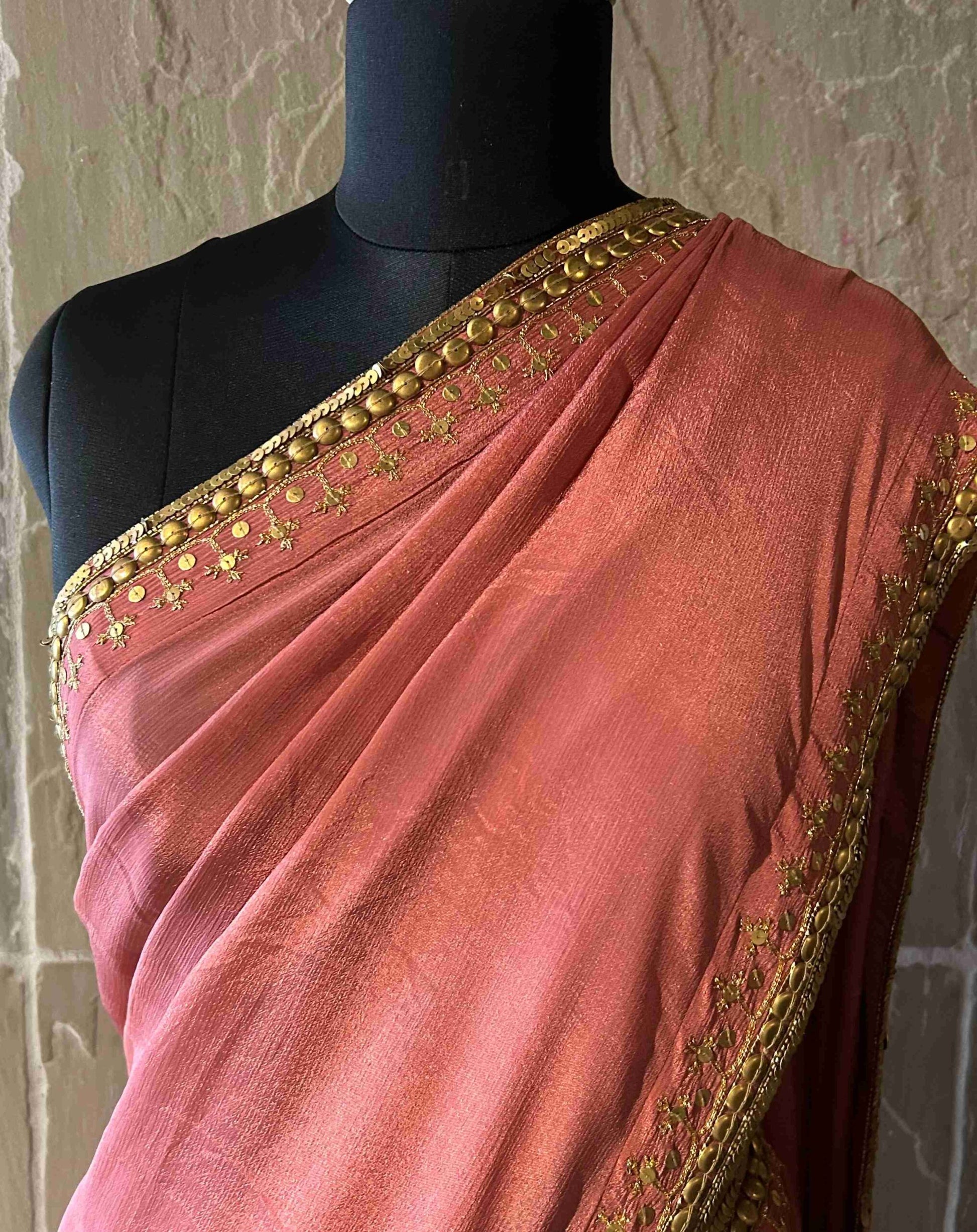 Onion Pink Satin Crepe Saree with Metal Embellishments