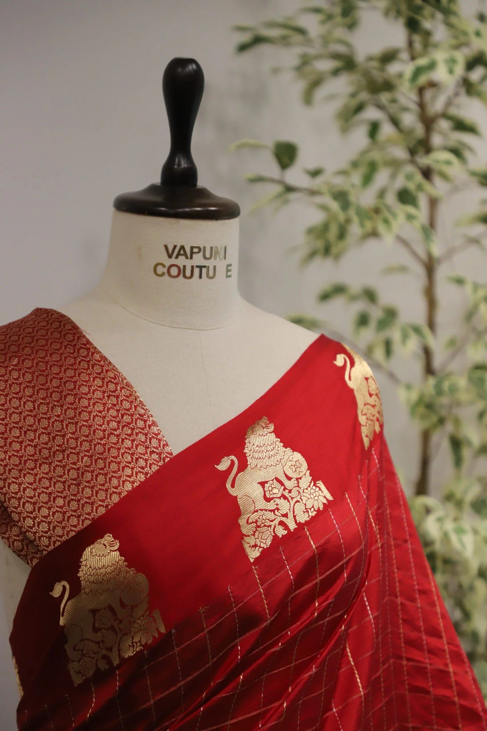 Current Red Checkered Saree with Golden Elephant Motifs - Festive Saree