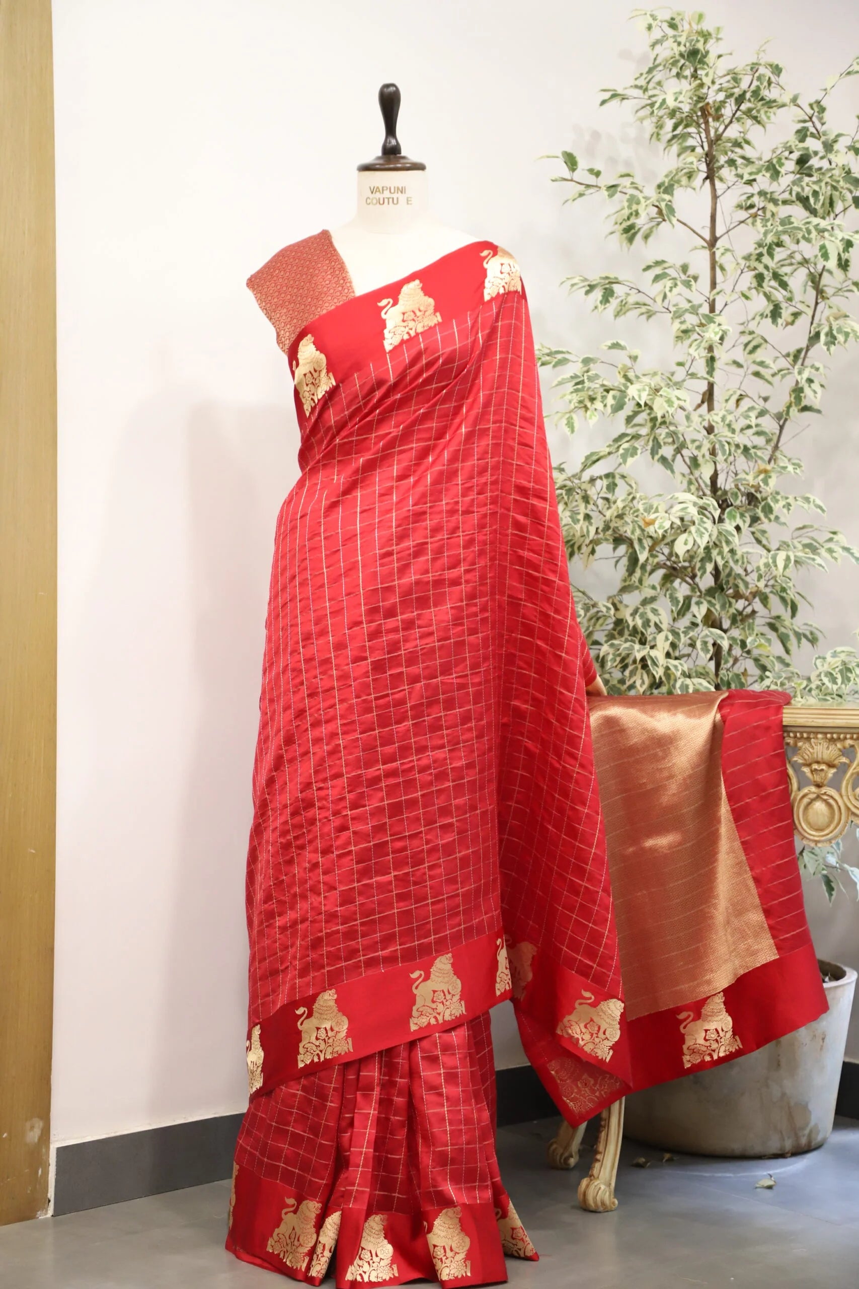 Current Red Checkered Saree with Golden Elephant Motifs - Festive Saree