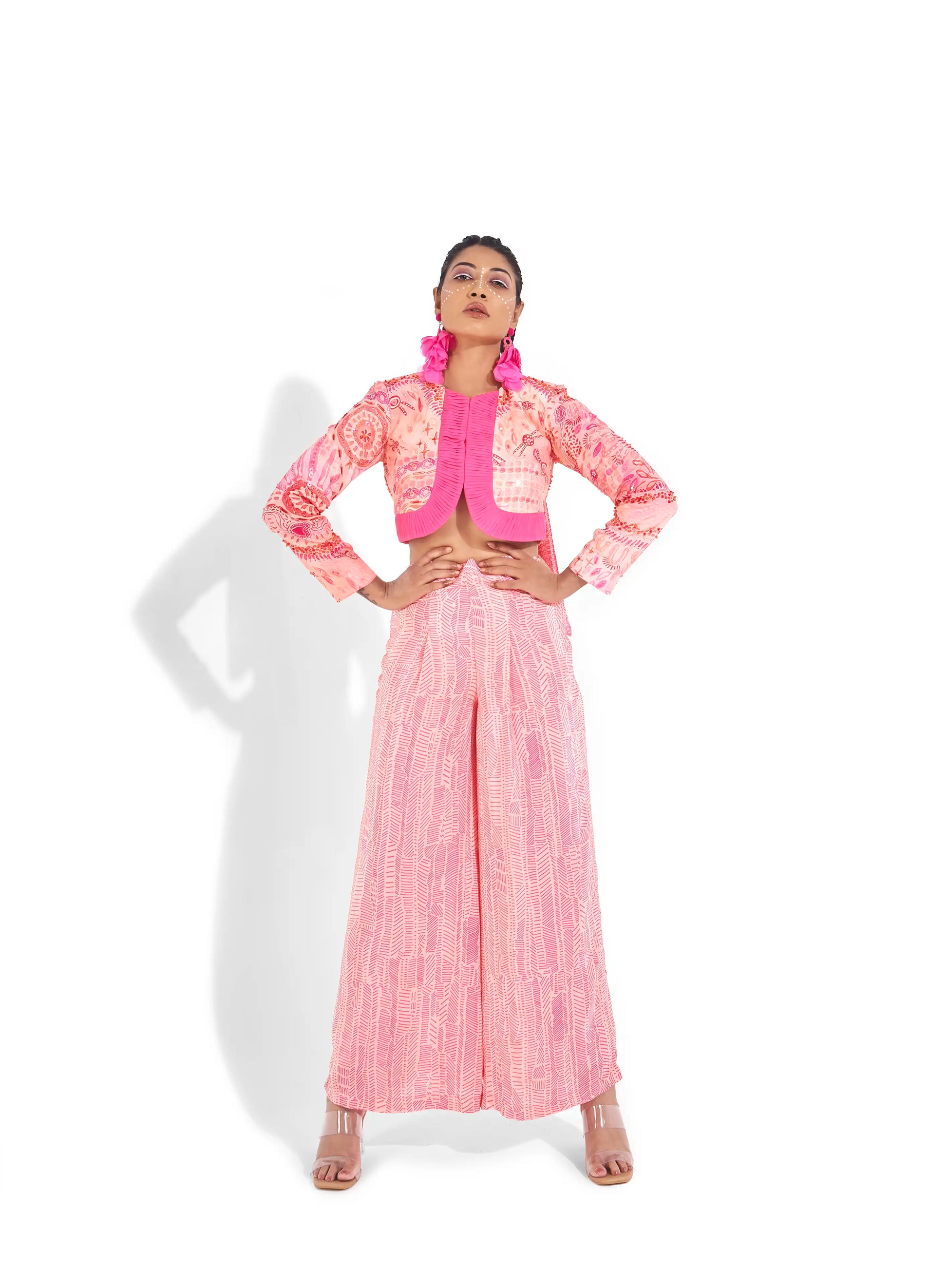 Coordinating Pink Hot Crepe Nysaa Printed Wide Leg Pants