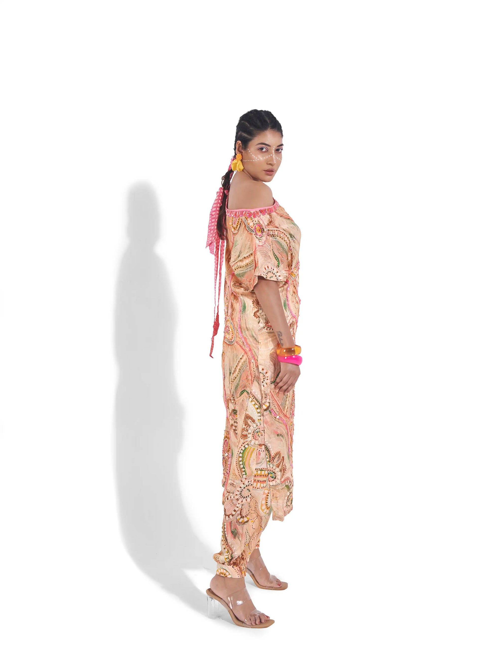 Striking Peach Tropical Satin Ruelle One Shoulder Kurta Afghani Pant