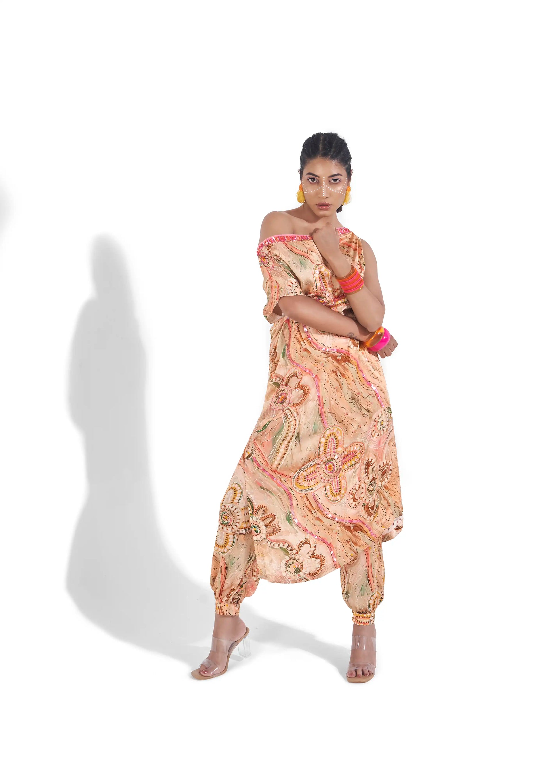 Striking Peach Tropical Satin Ruelle One Shoulder Kurta Afghani Pant
