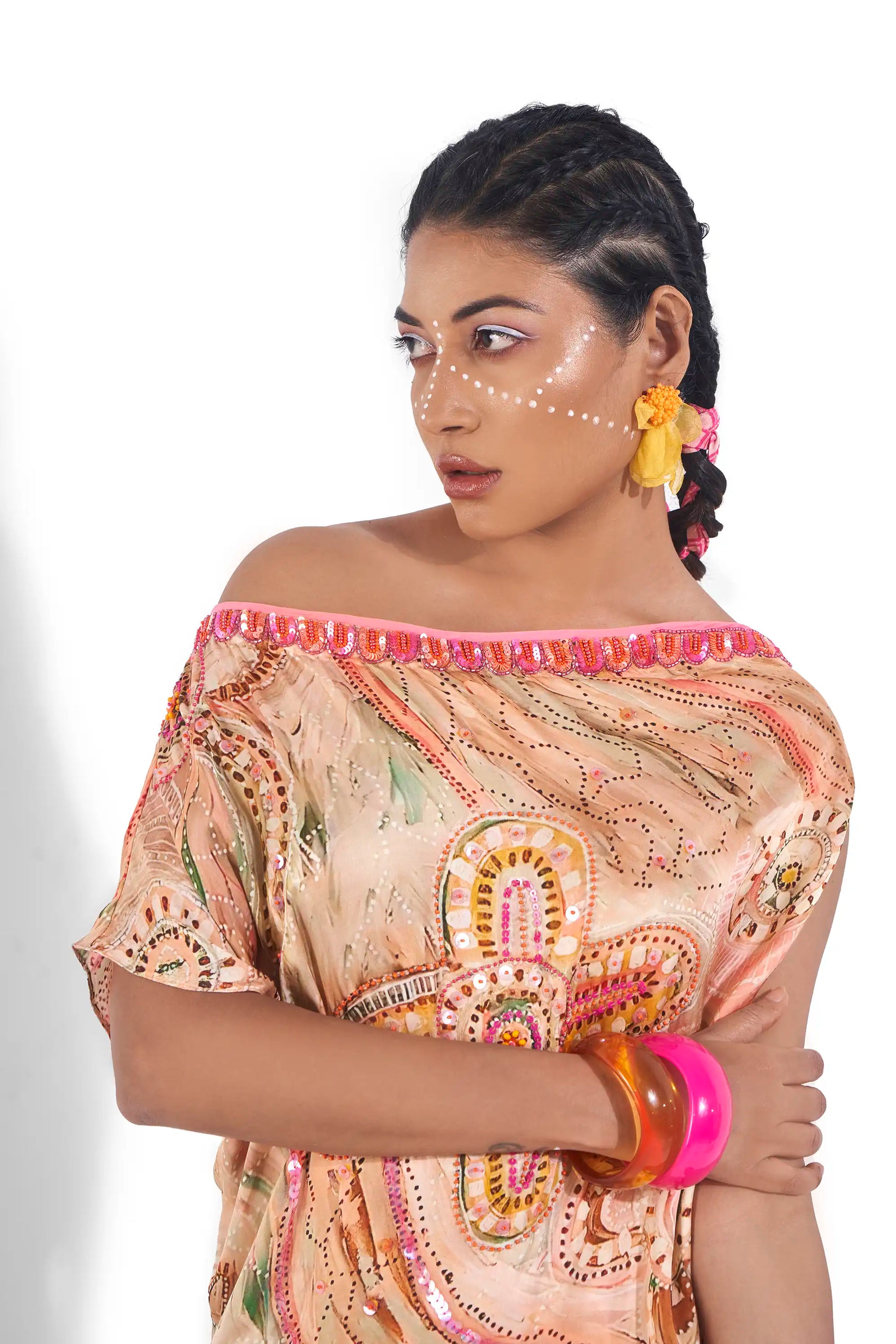 Striking Peach Tropical Satin Ruelle One Shoulder Kurta Afghani Pant