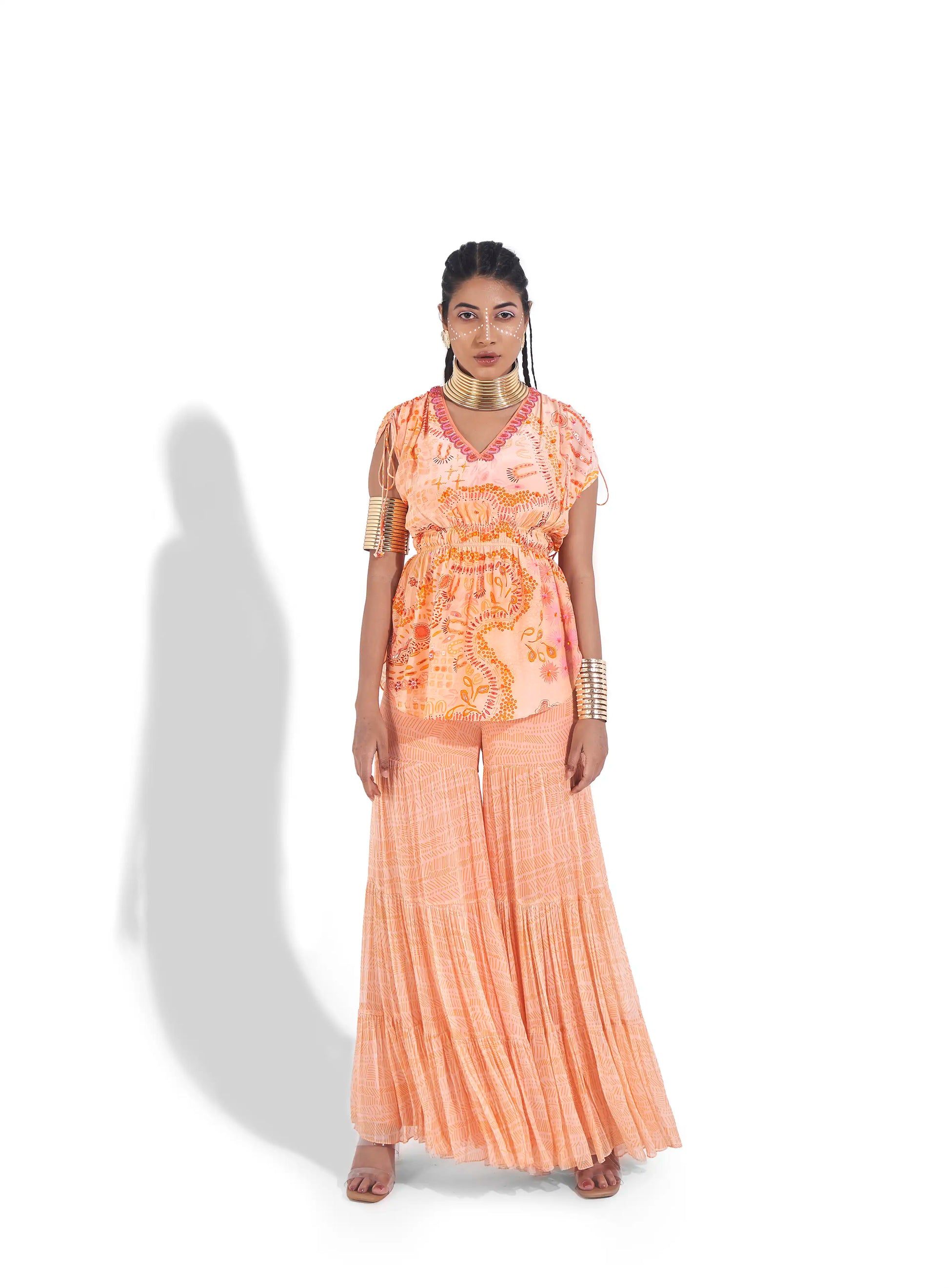 Comfortable Peach Sunset Orange Georgette Varya Top Sharara Set