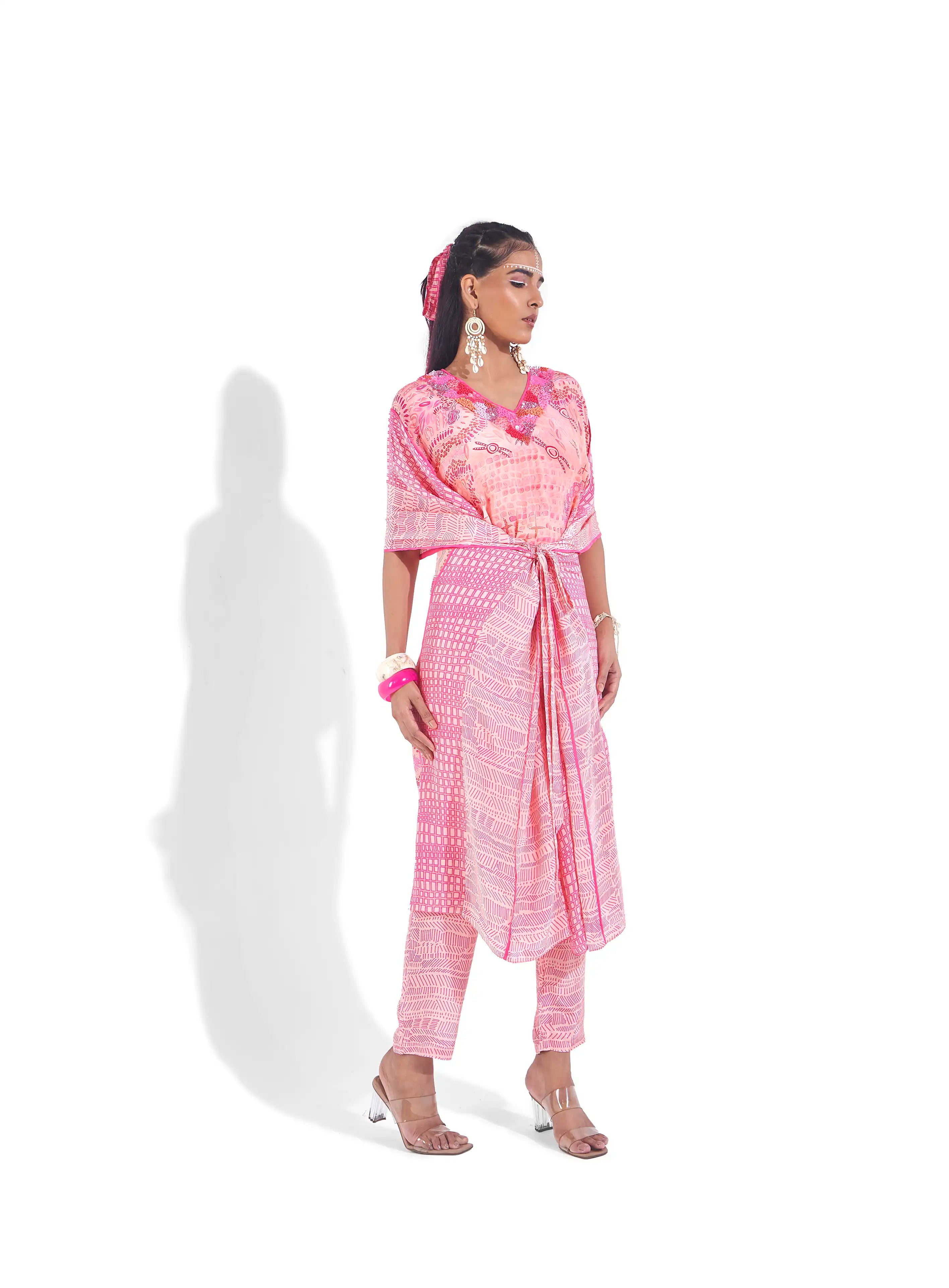 Masterpiece Pink Hot Crepe Eira Kaftan Kurta & Straight Pants Set