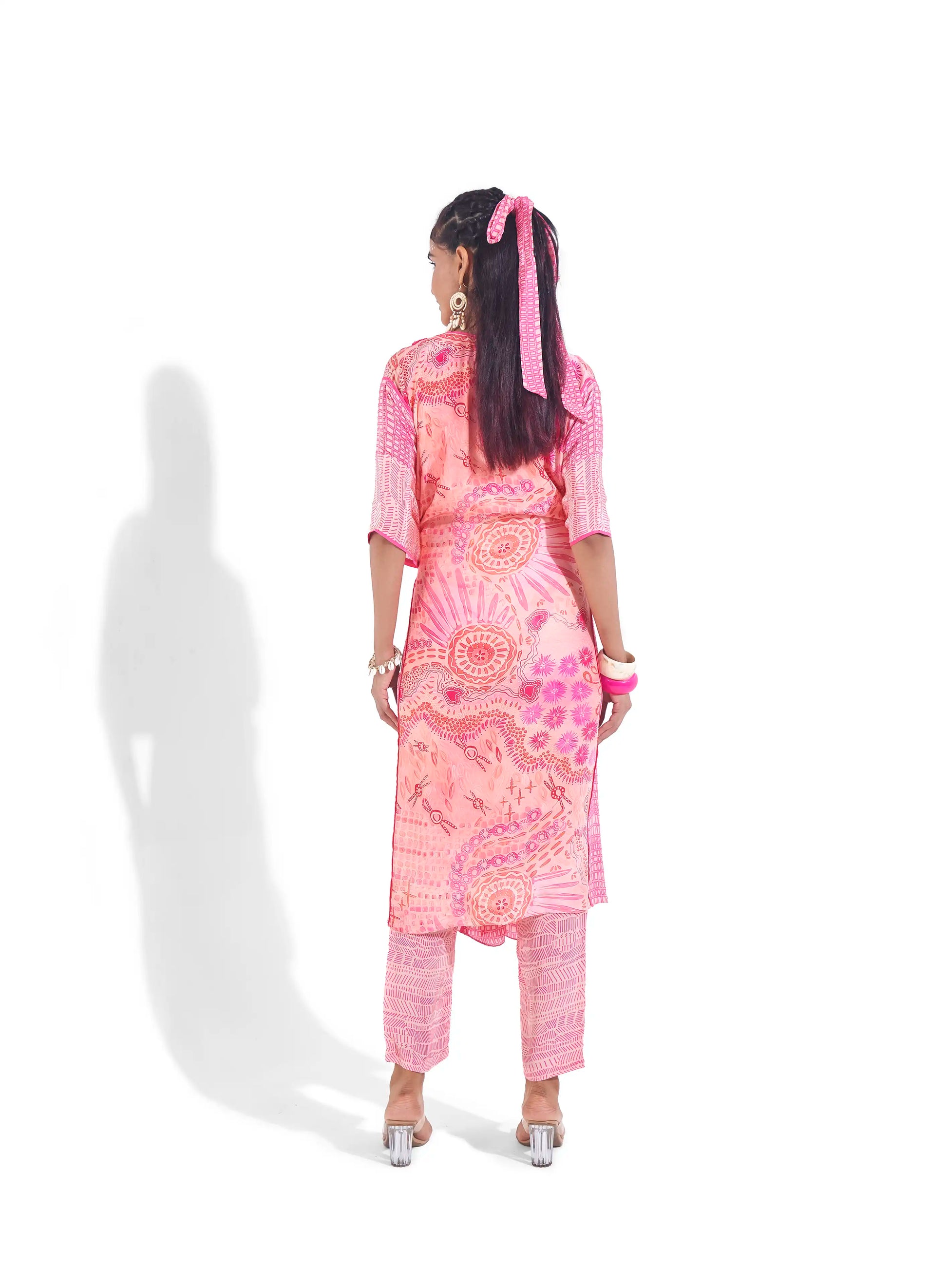 Masterpiece Pink Hot Crepe Eira Kaftan Kurta & Straight Pants Set