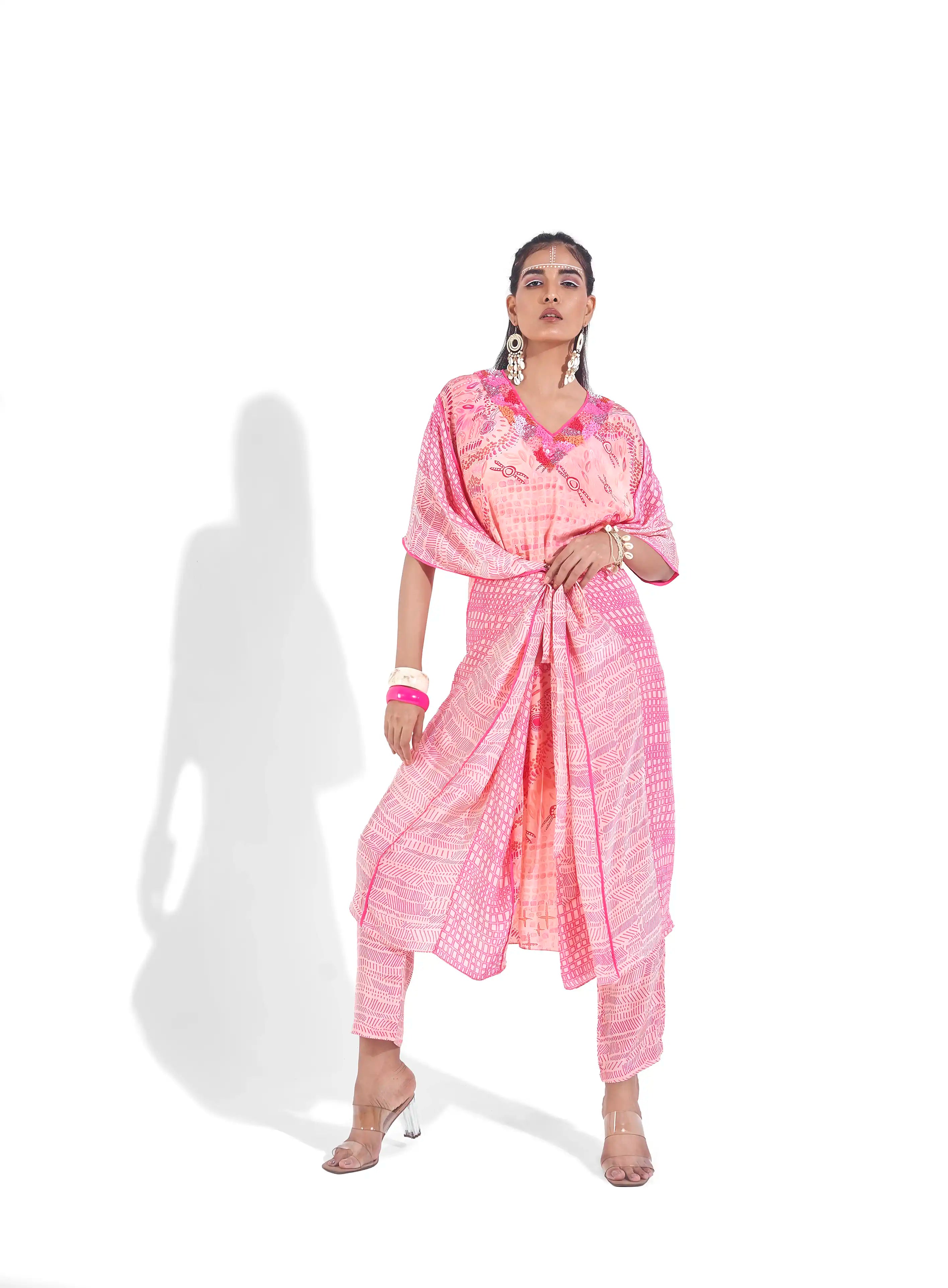 Masterpiece Pink Hot Crepe Eira Kaftan Kurta & Straight Pants Set