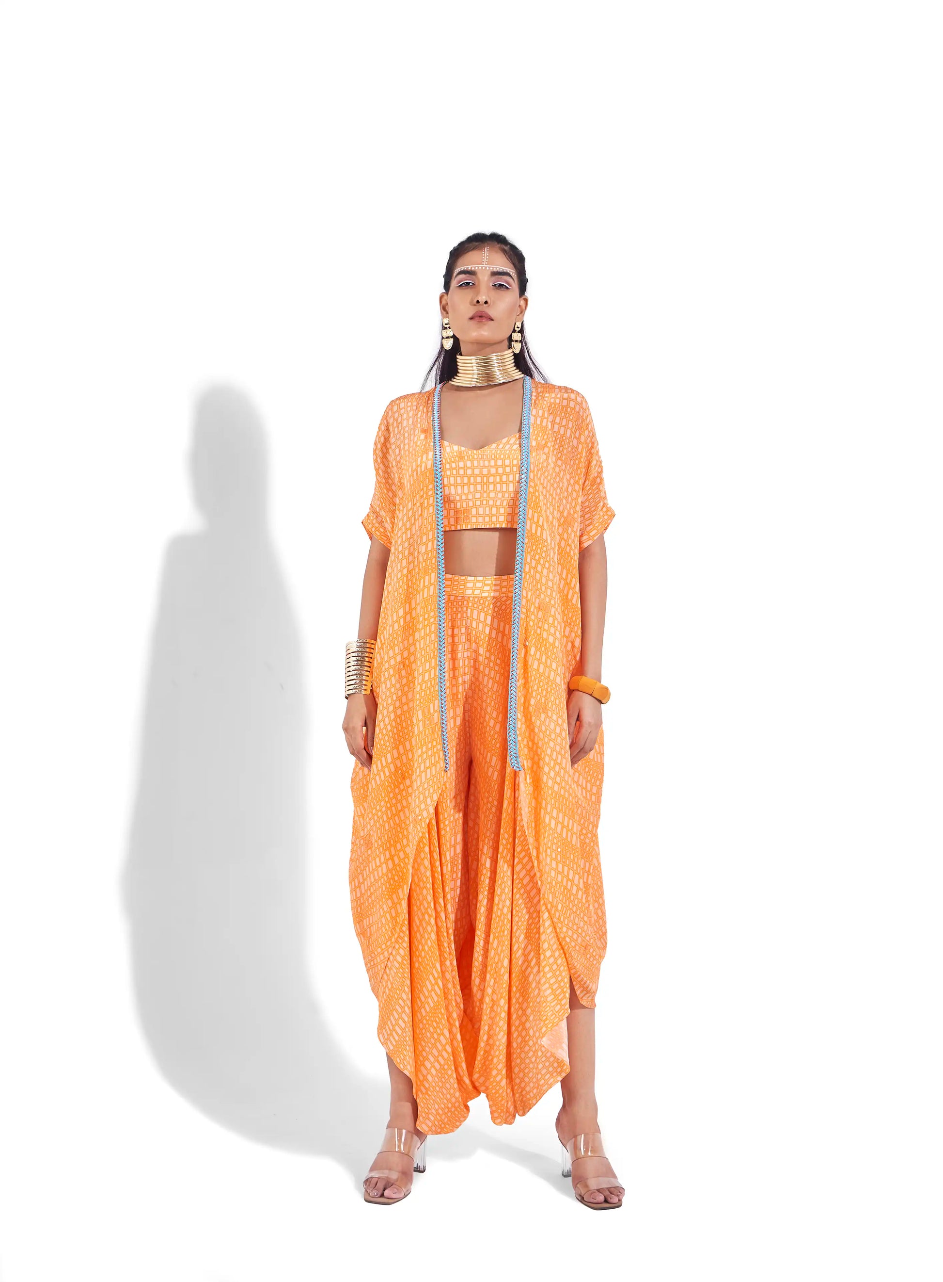 Flowy Orange Sunset Crepe Riona Open Front Jacket Beaded Placket