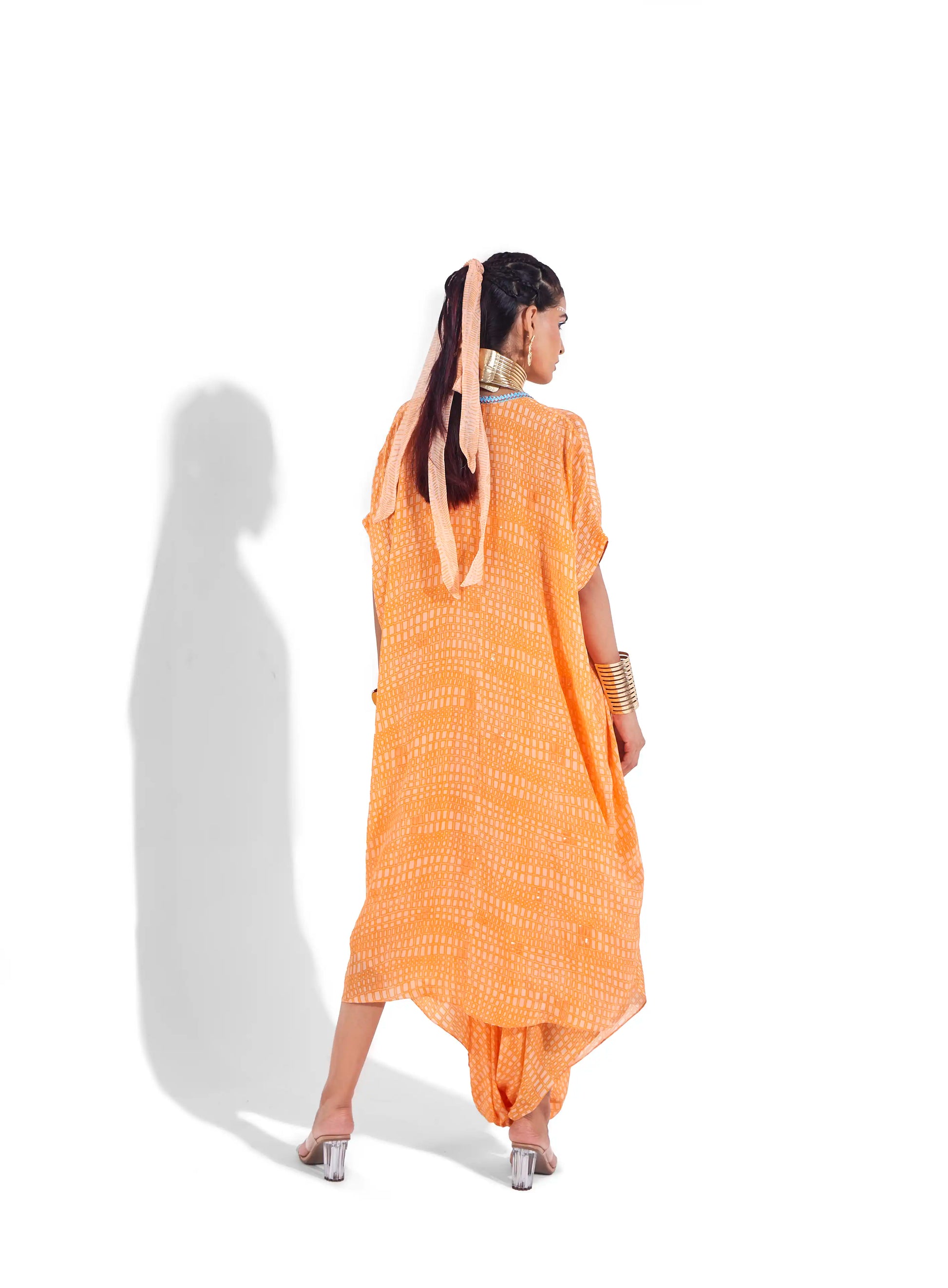 Flowy Orange Sunset Crepe Riona Open Front Jacket Beaded Placket