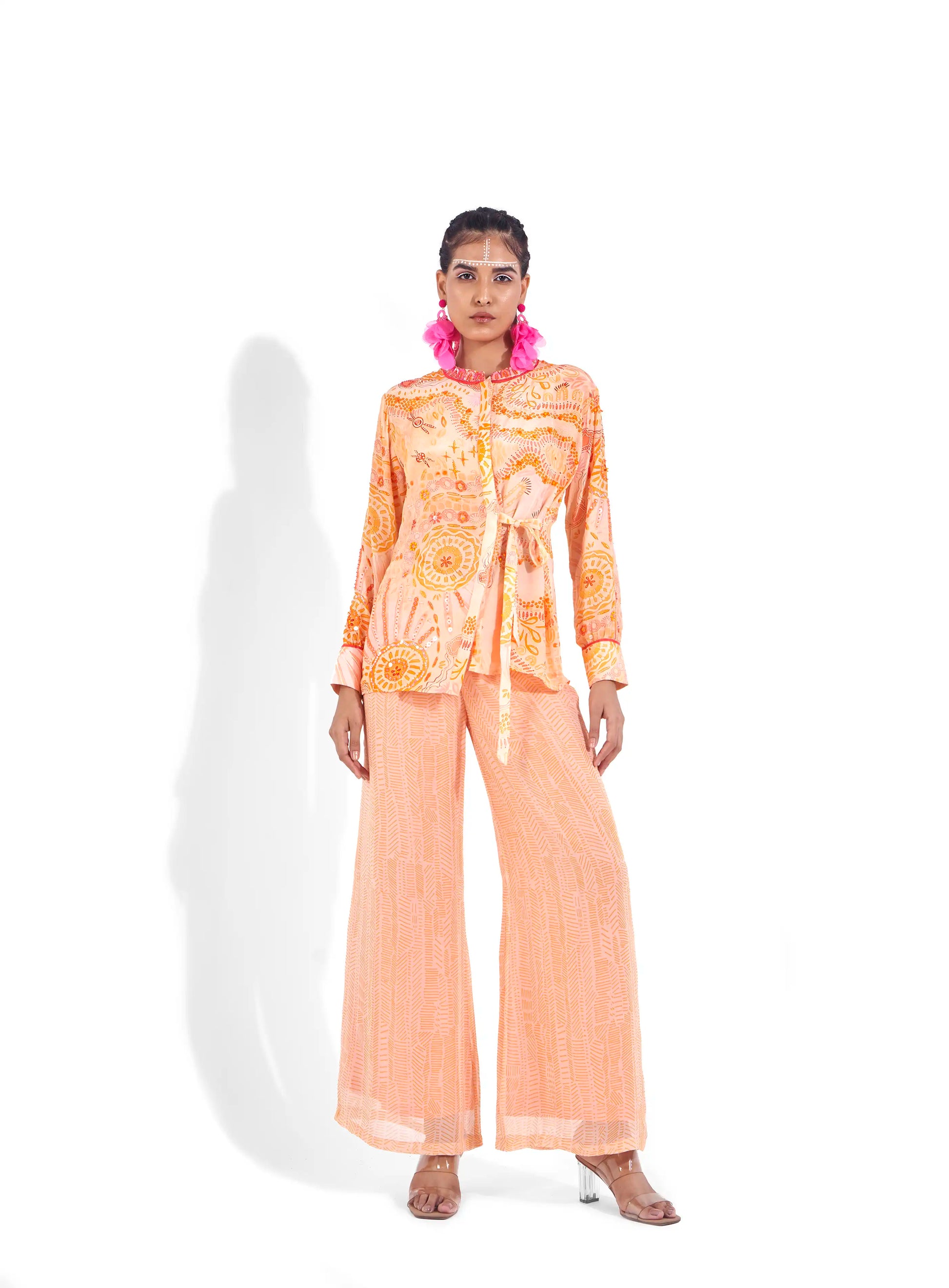 Vibrant Peach Sunset Orange Georgette Lamia Shirt & Pants Set