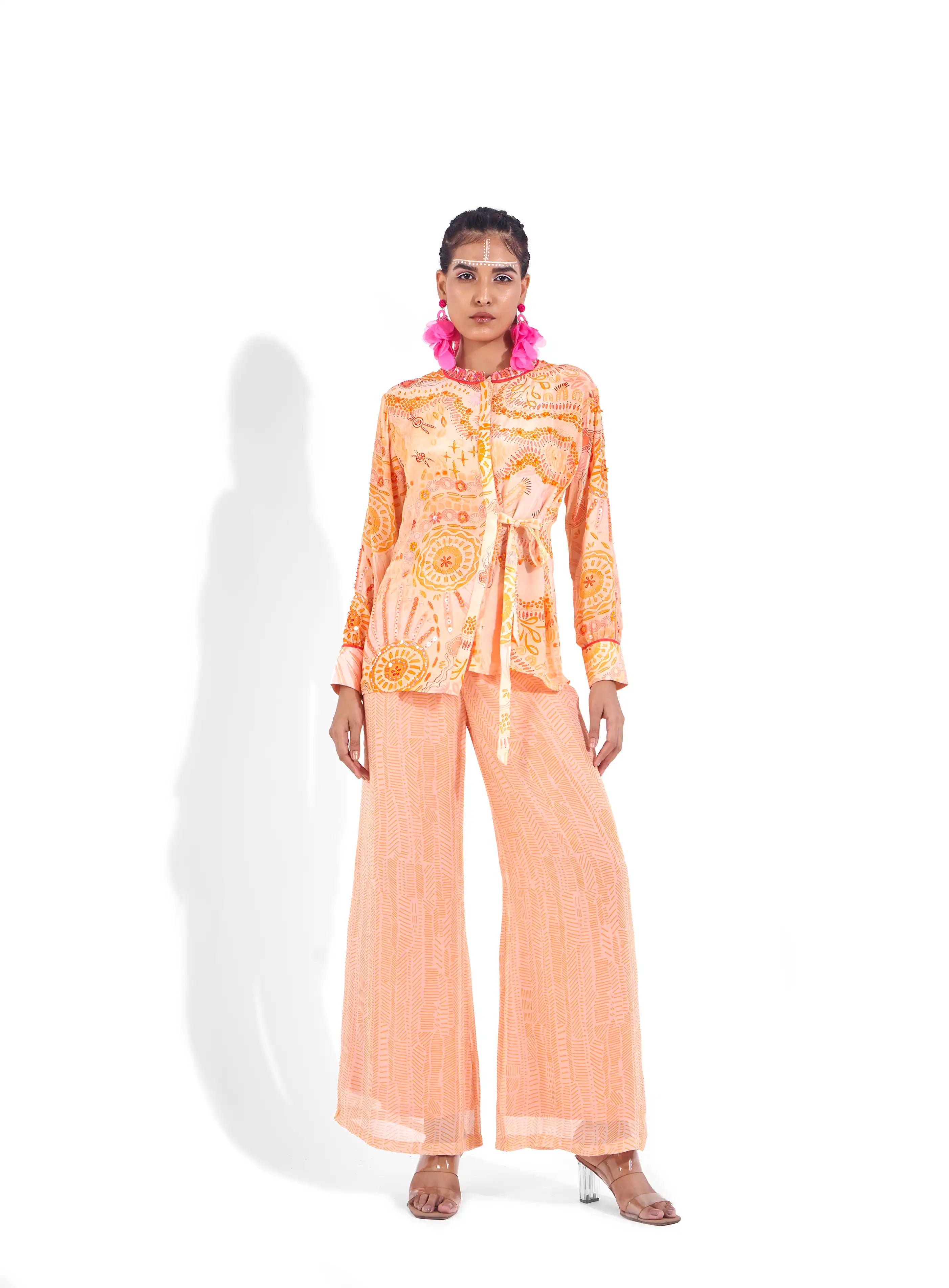 Vibrant Peach Sunset Orange Georgette Lamia Shirt & Pants Set