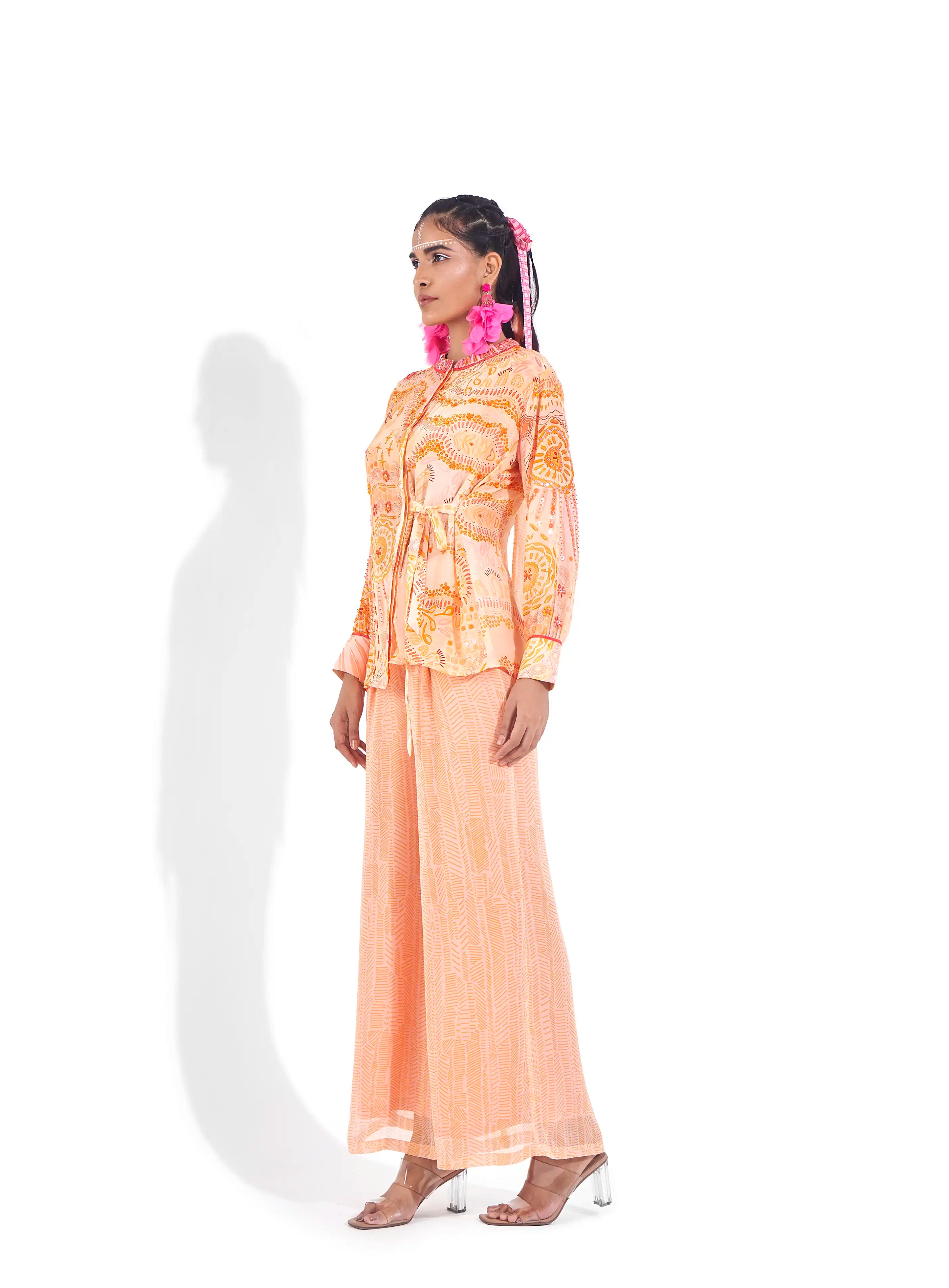 Vibrant Peach Sunset Orange Georgette Lamia Shirt & Pants Set