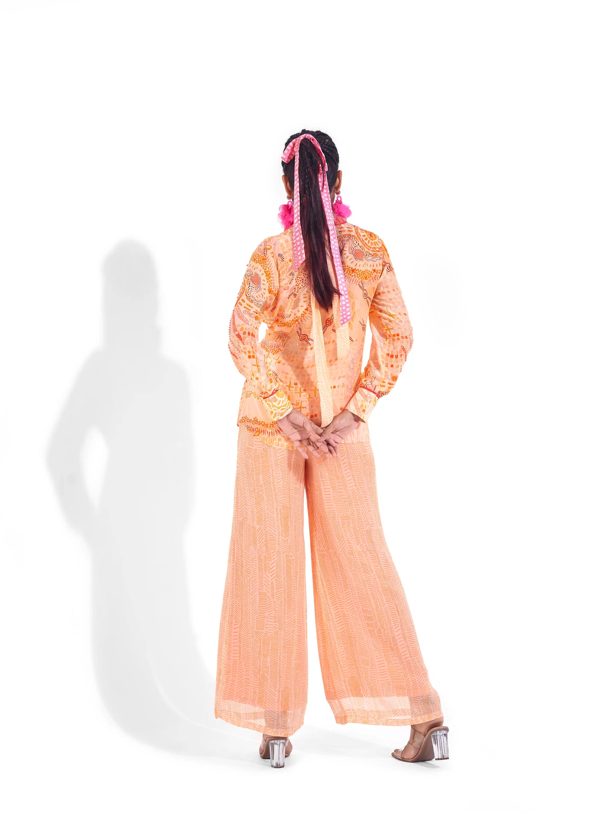 Vibrant Peach Sunset Orange Georgette Lamia Shirt & Pants Set
