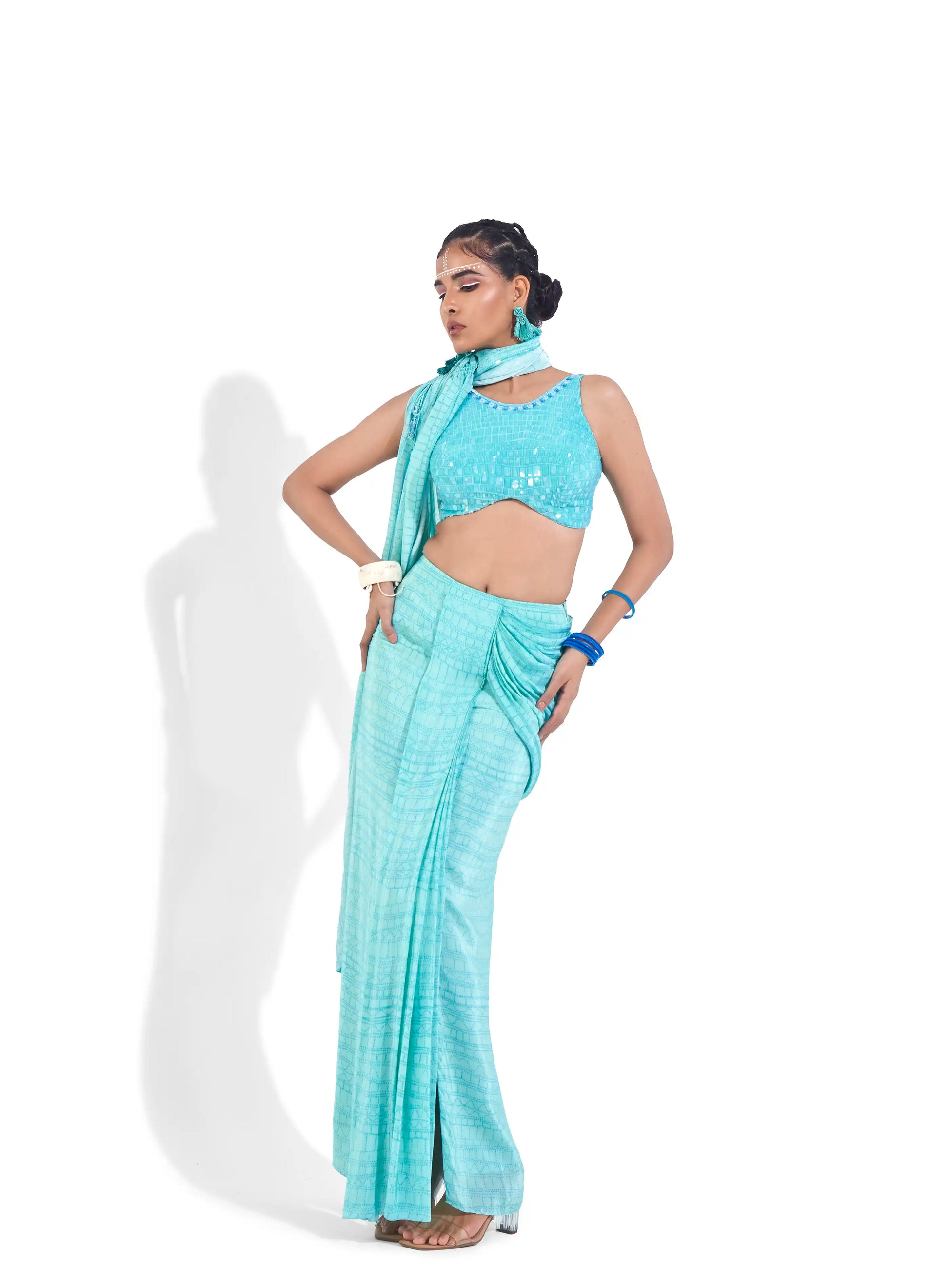 Mesmerizing Blue Aqua Crepe Luna Sequin Floral Blouse Curvy Cut