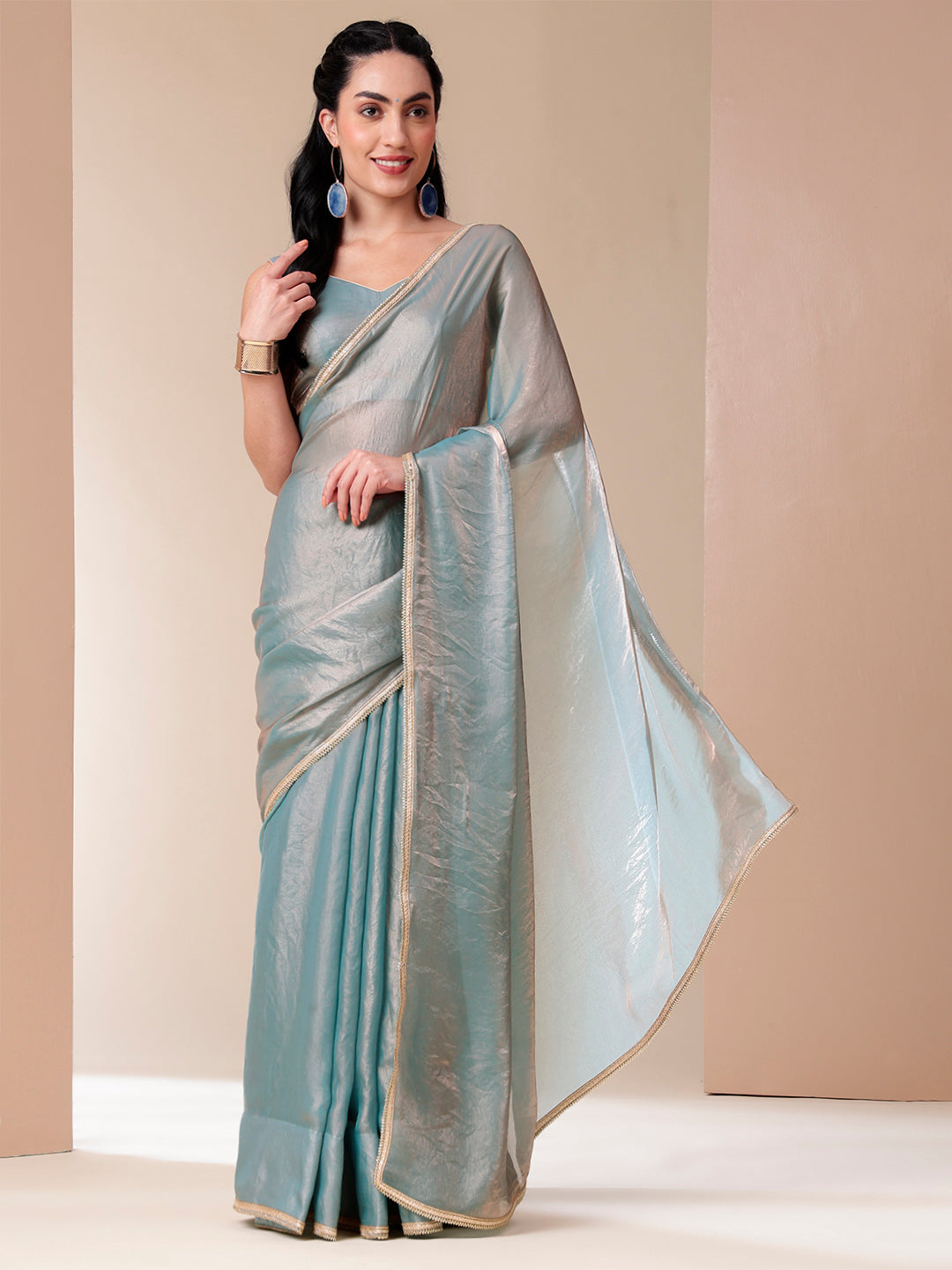 Metallic Charm Blue Tissue Saree with Lace Border - Fancy Sarees