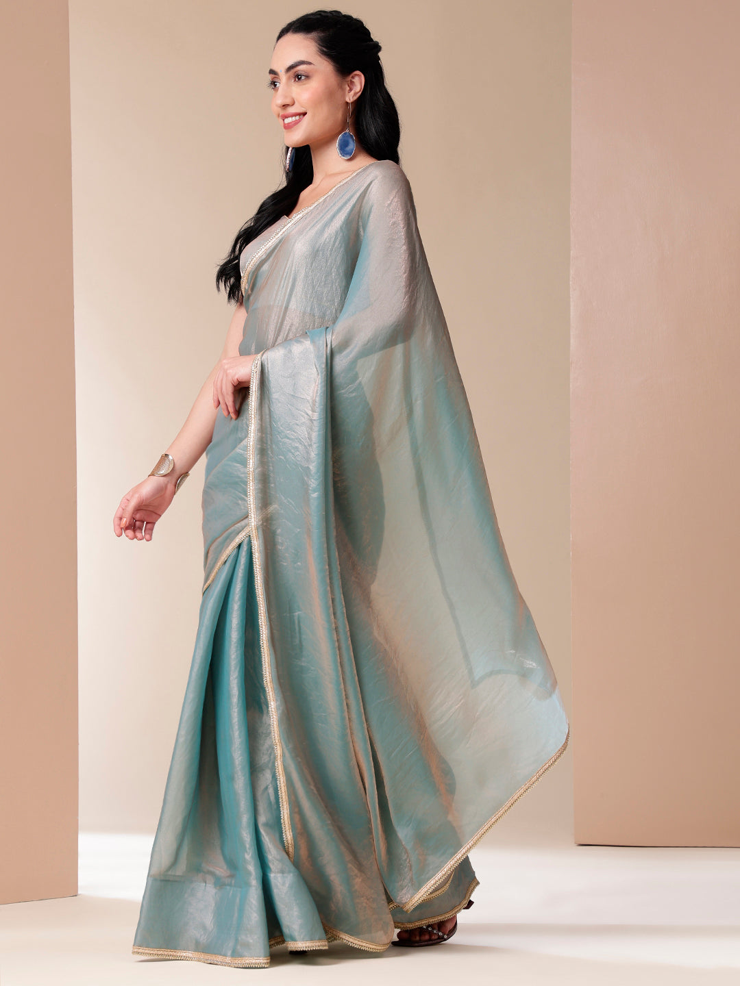 Metallic Charm Blue Tissue Saree with Lace Border - Fancy Sarees