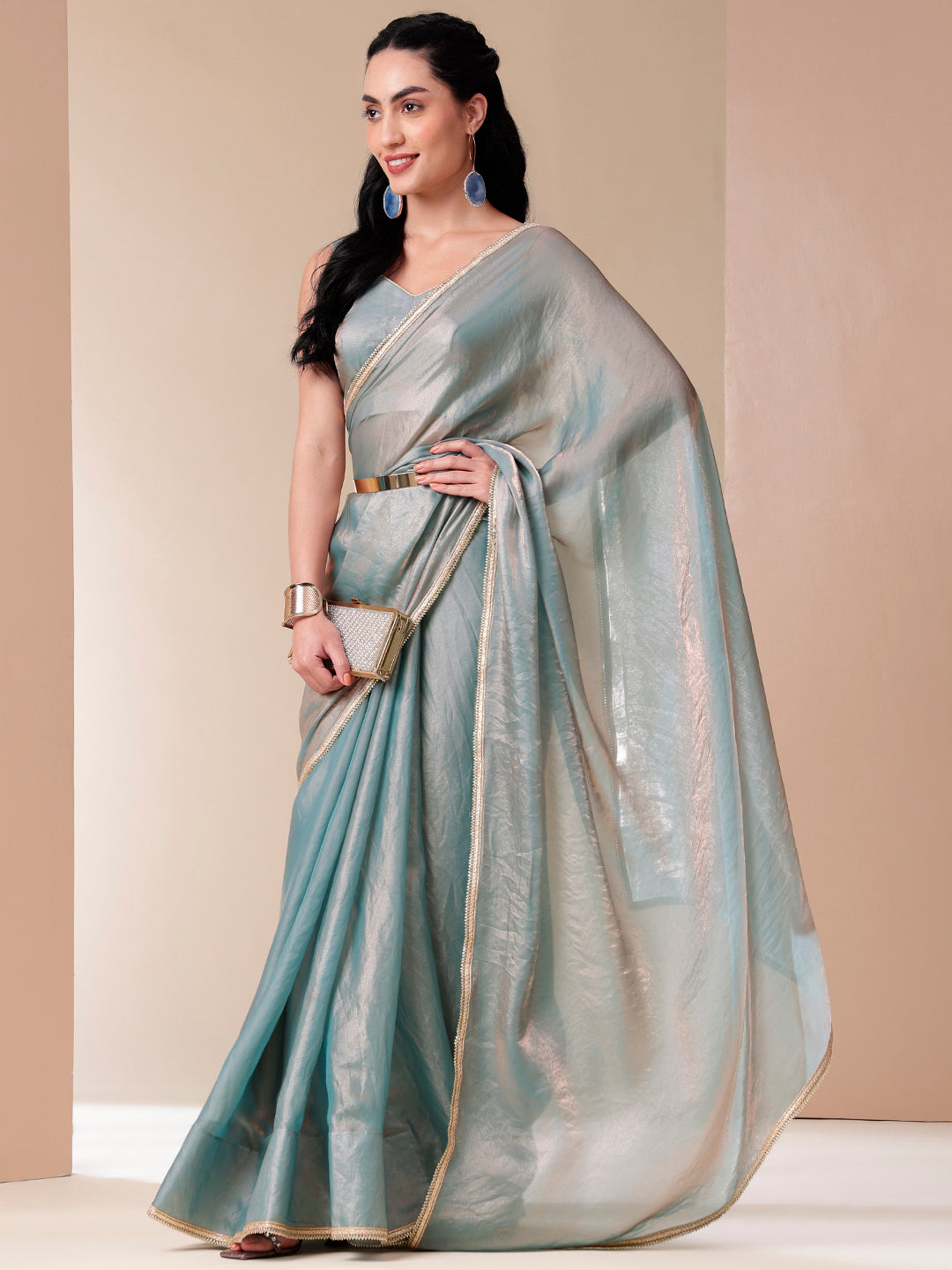 Metallic Charm Blue Tissue Saree with Lace Border - Fancy Sarees