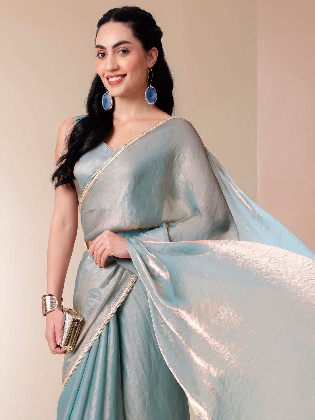 Metallic Charm Blue Tissue Saree with Lace Border - Fancy Sarees