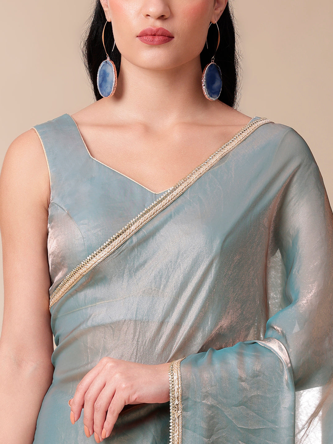 Metallic Charm Blue Tissue Saree with Lace Border - Fancy Sarees