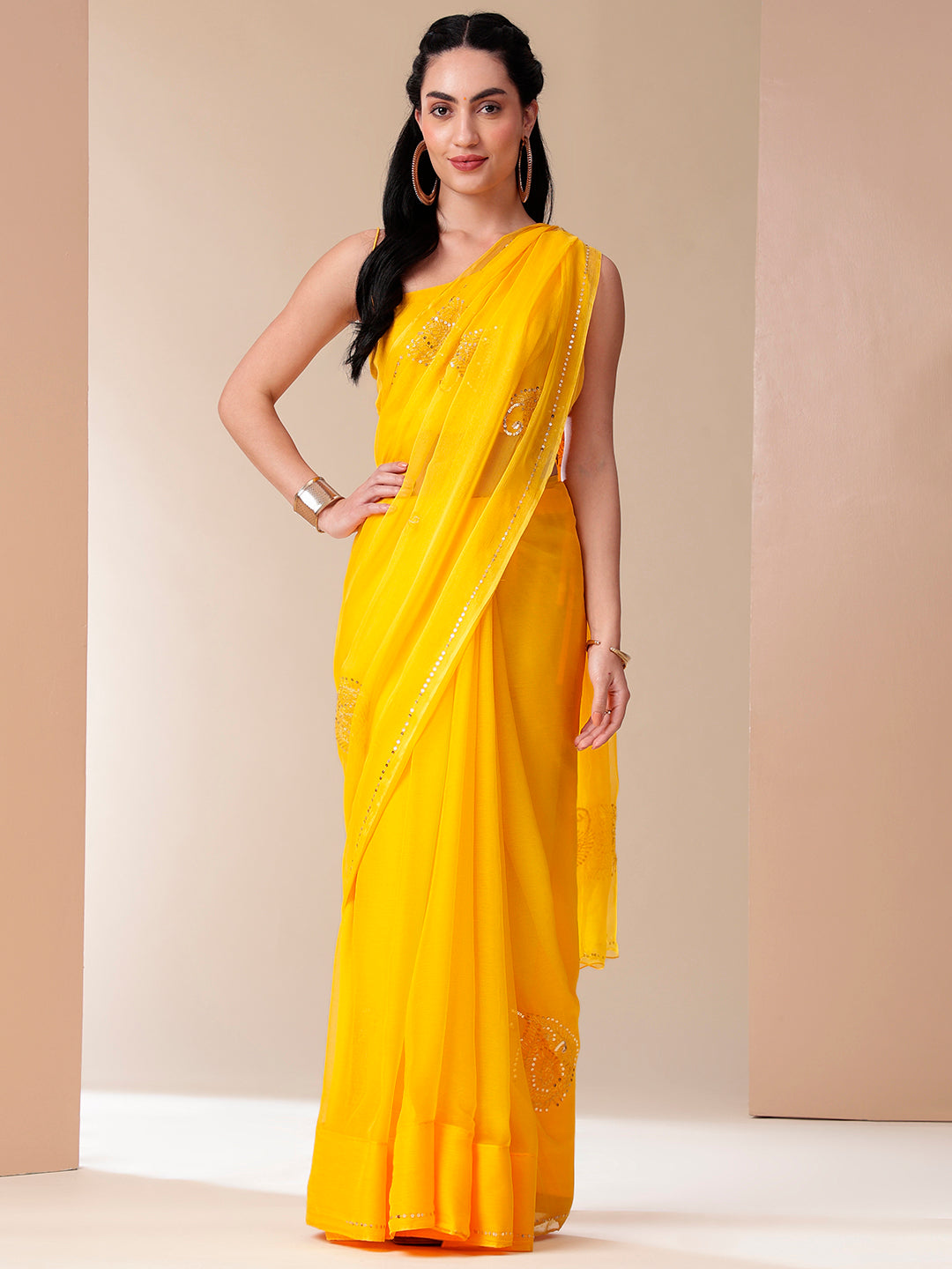 Elegant Yellow Orange Chiffon Saree Sequin Handwork Geometric