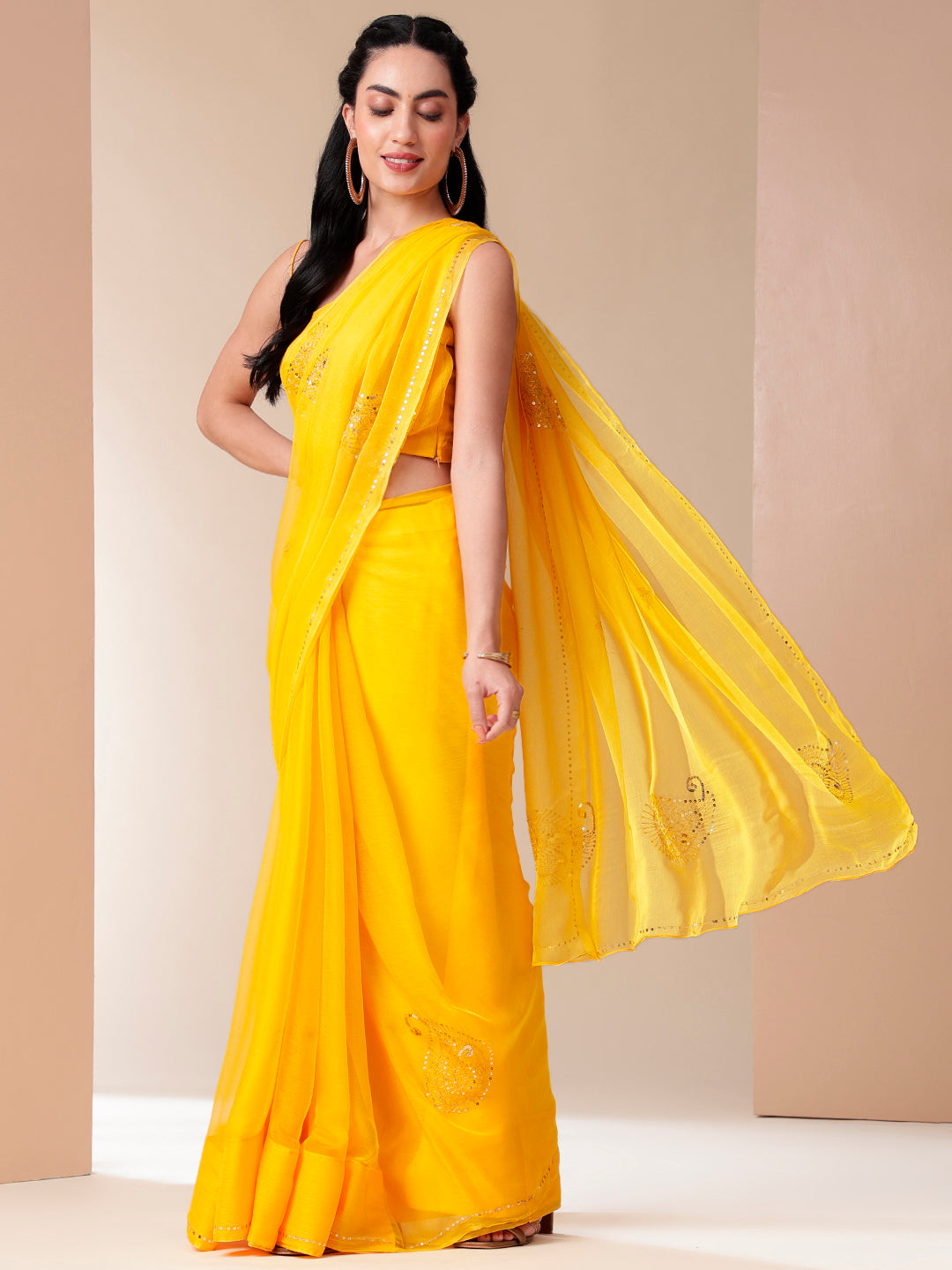 Elegant Yellow Orange Chiffon Saree Sequin Handwork Geometric