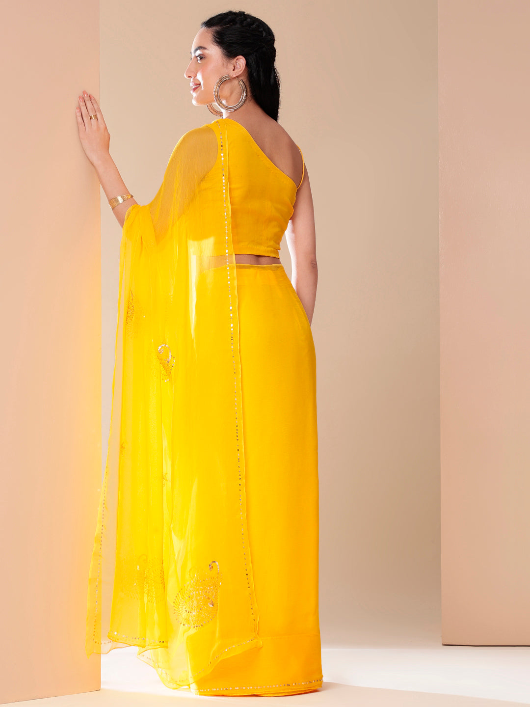 Elegant Yellow Orange Chiffon Saree Sequin Handwork Geometric