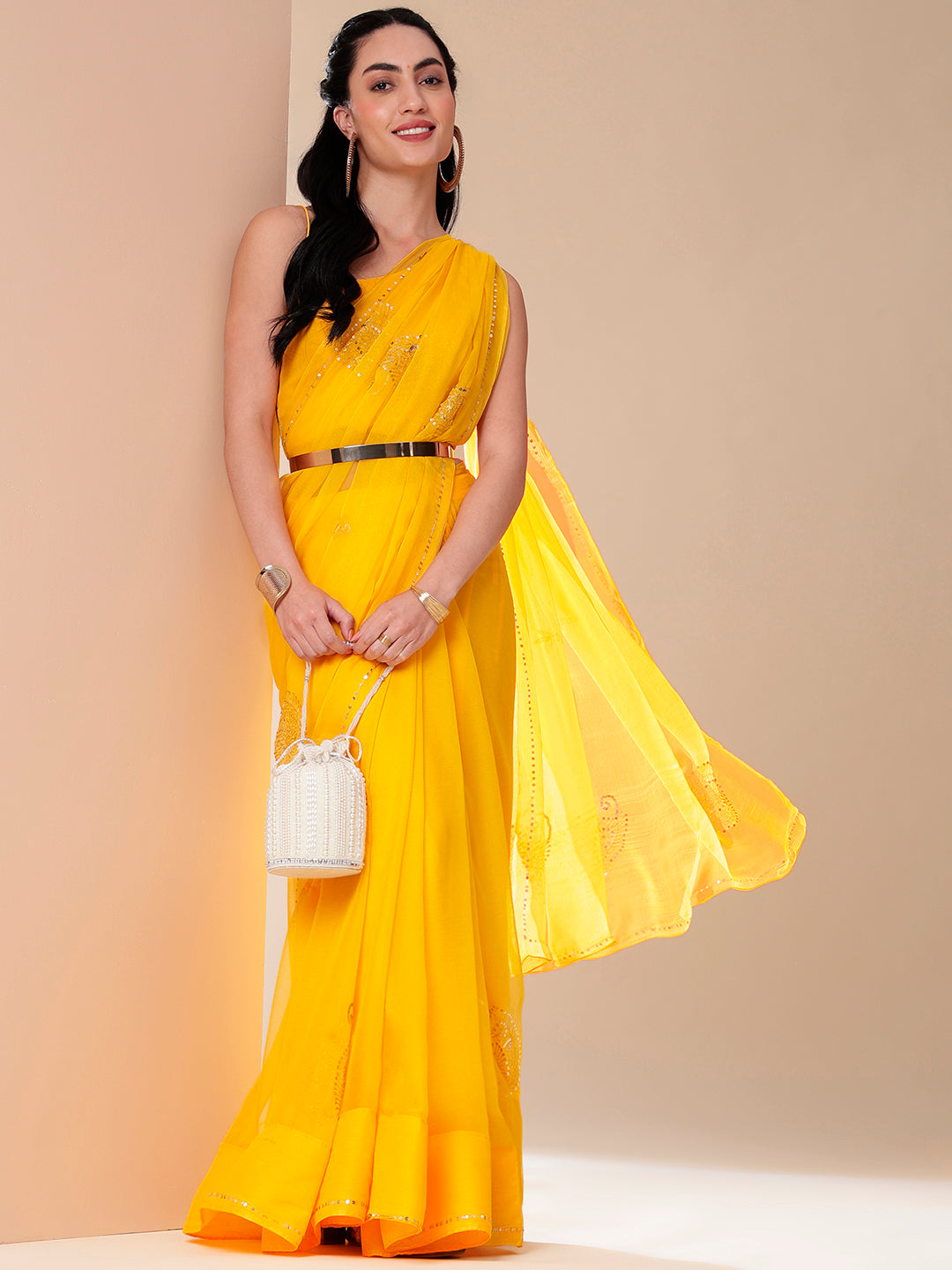 Elegant Yellow Orange Chiffon Saree Sequin Handwork Geometric