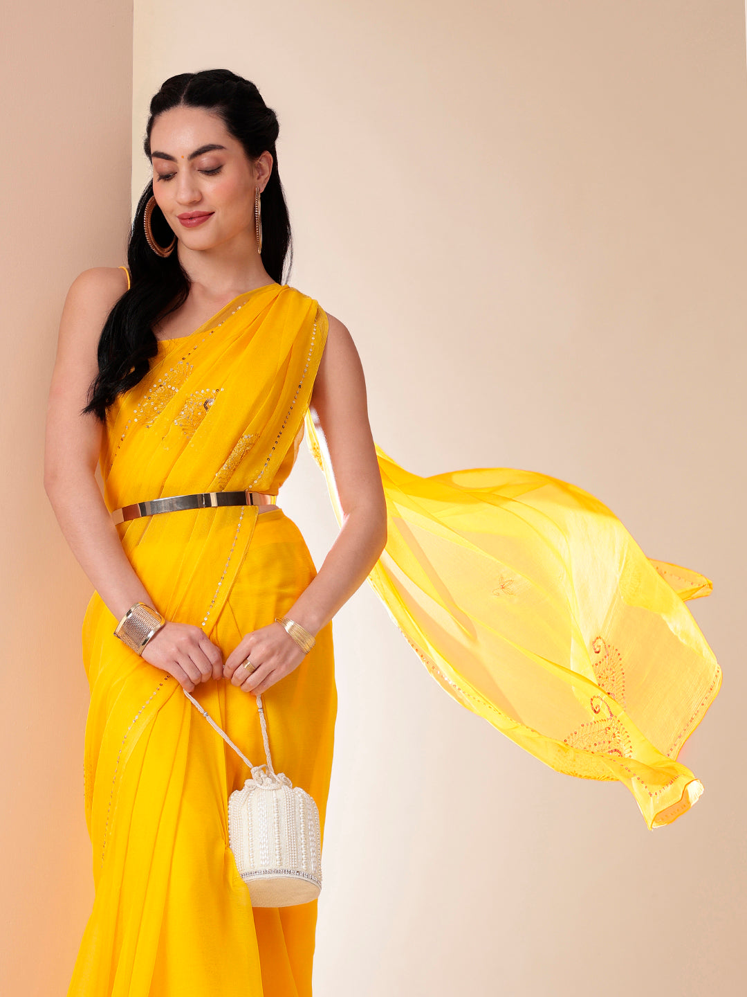 Elegant Yellow Orange Chiffon Saree Sequin Handwork Geometric