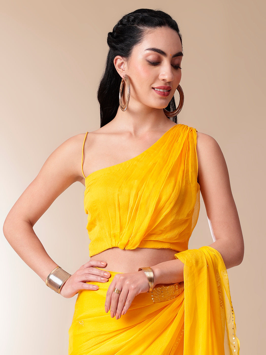 Elegant Yellow Orange Chiffon Saree Sequin Handwork Geometric