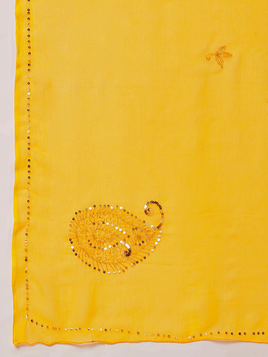 Elegant Yellow Orange Chiffon Saree Sequin Handwork Geometric