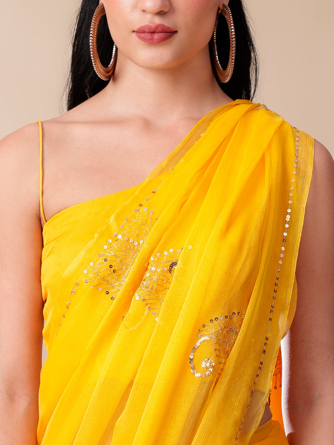 Elegant Yellow Orange Chiffon Saree Sequin Handwork Geometric