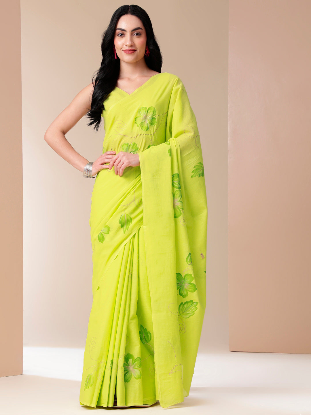 Mellow Hue Handpainted Lemon Green Cotton Saree - Festive Wear