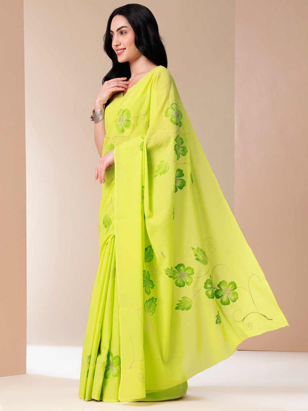 Mellow Hue Handpainted Lemon Green Cotton Saree - Festive Wear