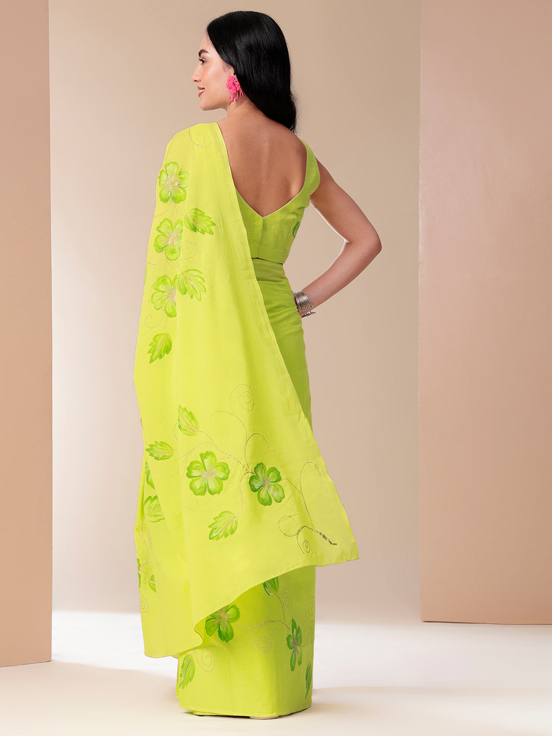 Mellow Hue Handpainted Lemon Green Cotton Saree - Festive Wear